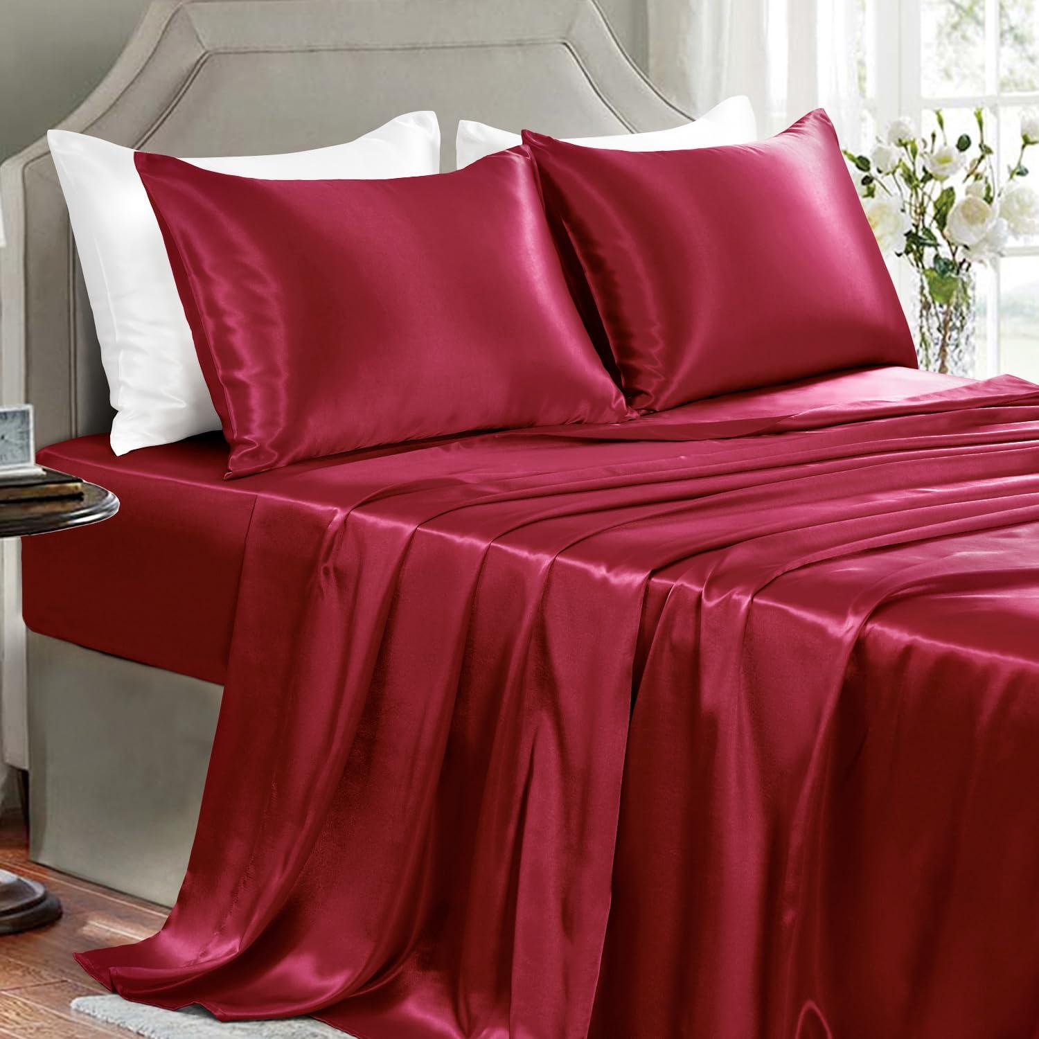 Cloud Fino Luxurious Satin Bed Sheets Burgundy Silk Sheets King 15 " Deep Pocket Pillowcases Sheet, 4-Piece