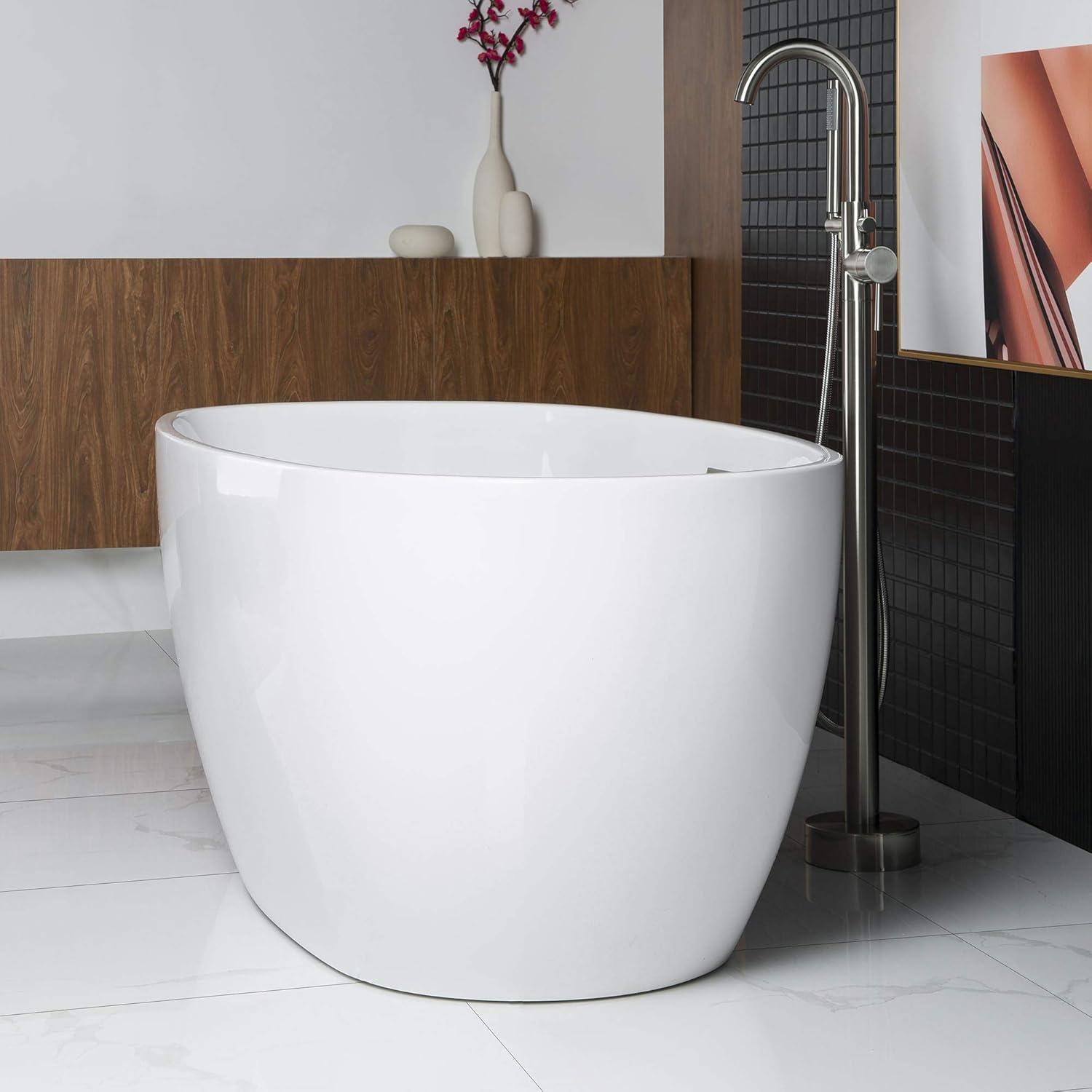 White Oval Acrylic Freestanding Bathtub with Brushed Nickel Overflow