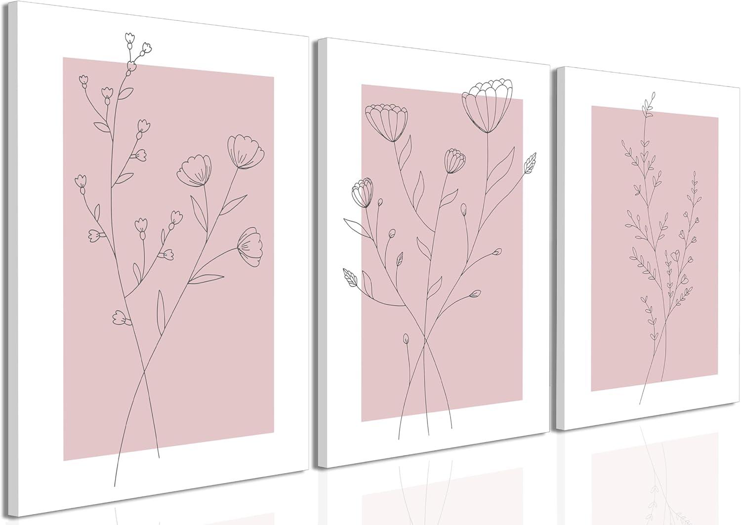 Lark Manor™ 3 Pieces Minimalism Botanical Canvas Wall Art Pink Flowers Line Plants Pictures Wall Decor Posters Print Artwork For Girls' Room Living Room Bedroom Bathroom Office Home Decoration