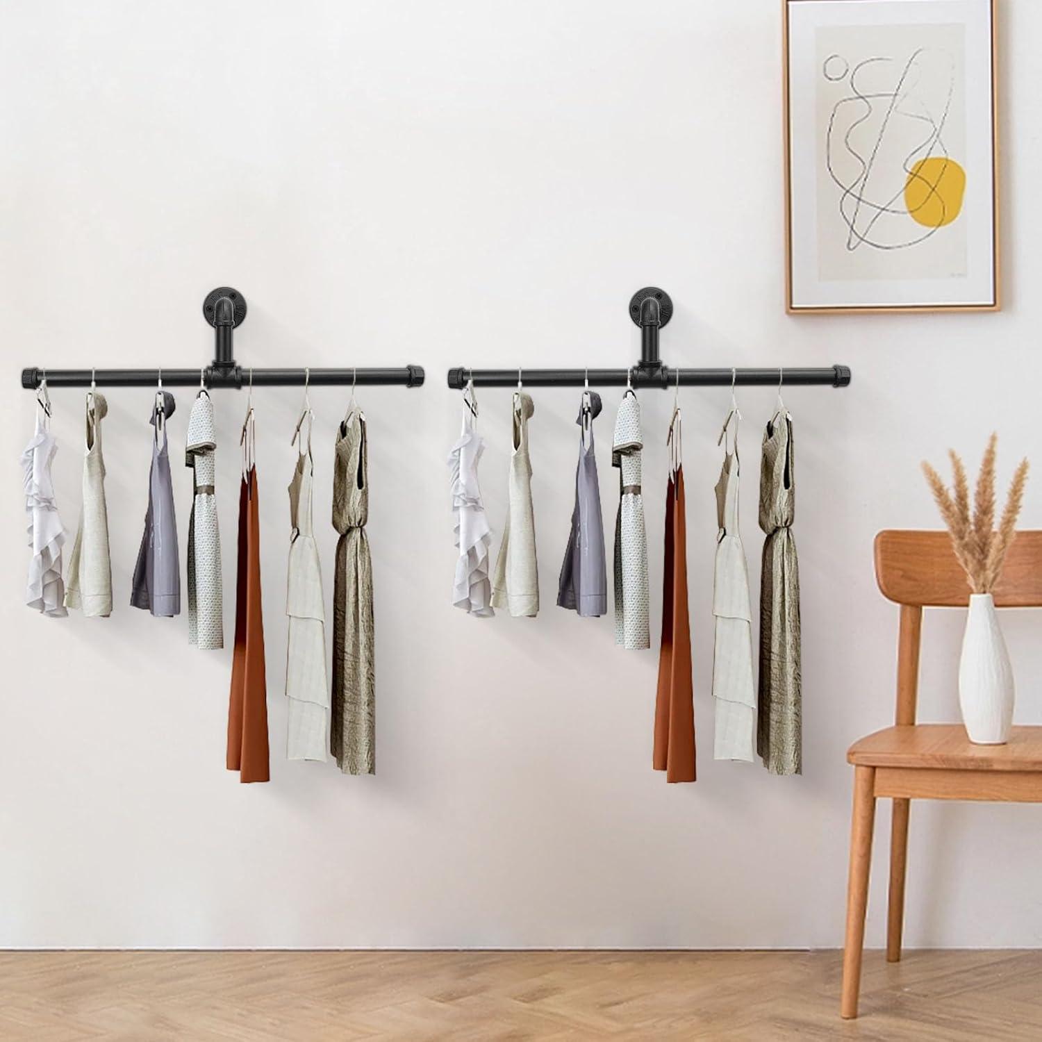 Industrial Pipe Clothes Rack Floating DIY Wall Mounted, Heavy Duty Rustic Vintage Clothing Rod, Metal Garment Bar Space-Saving Hanging for Bedroom, Bathroom and Laundry Room (Black)