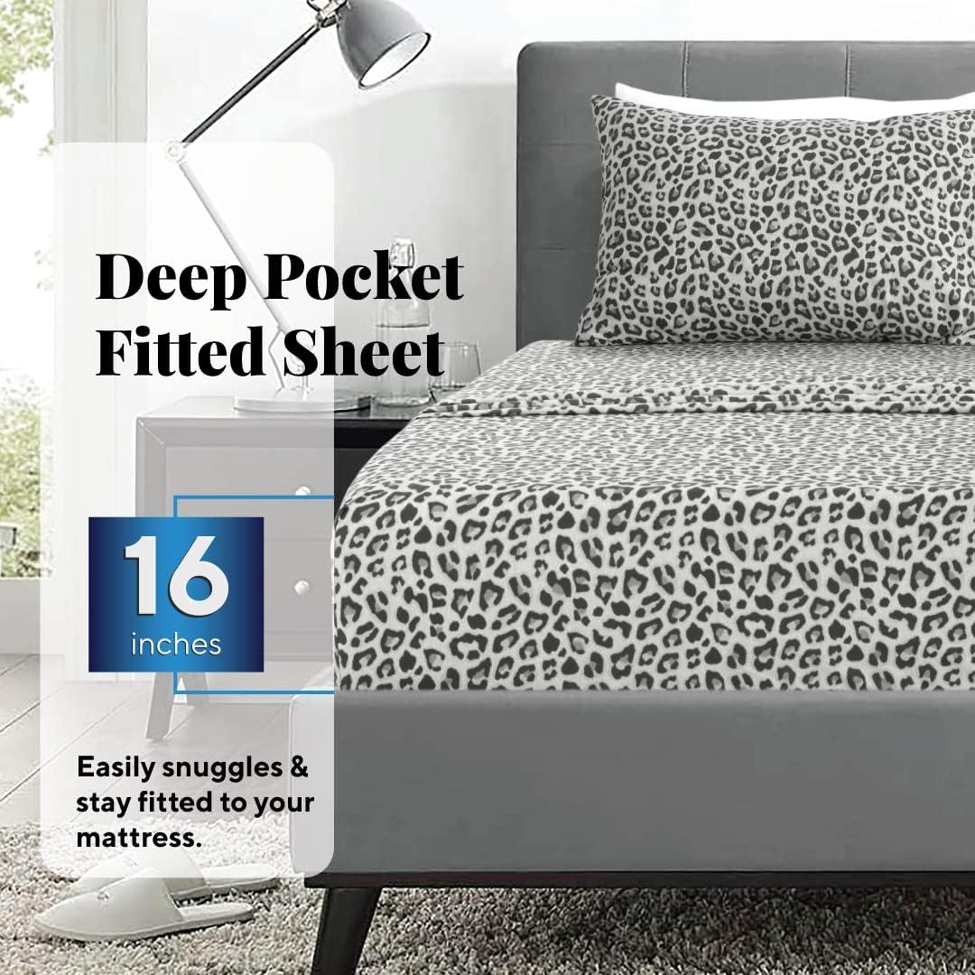 Sleepdown 100% Cotton Full Size Bed Sheets Set with Deep Pockets, Cozy Percale sheets with Elastic Fitted Sheet Set Ultra Soft Cooling Sheets - 4 Piece Bedding and Pillowcase set, Leopard Grey