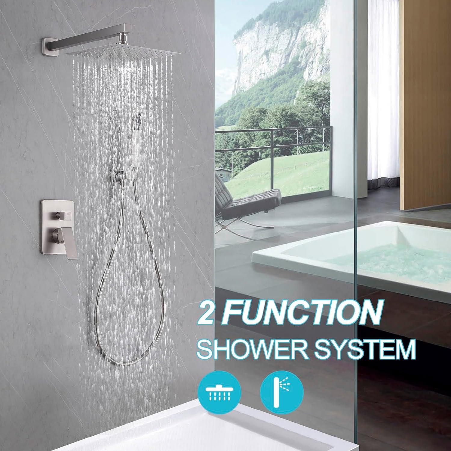 AWZTOO Wall Mounted Shower Faucet With Hand Shower Modern Shower System Set 10 Inch Rainfall Shower Head With Pressure Balance Valve Brushed Nickel
