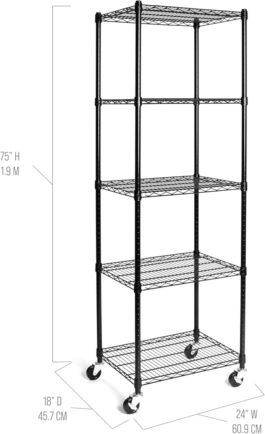 Seville Classics UltraDurable Commercial-Grade 5-Tier NSF-Certified Steel Wire Shelving with Wheels, 24" x 18", Black