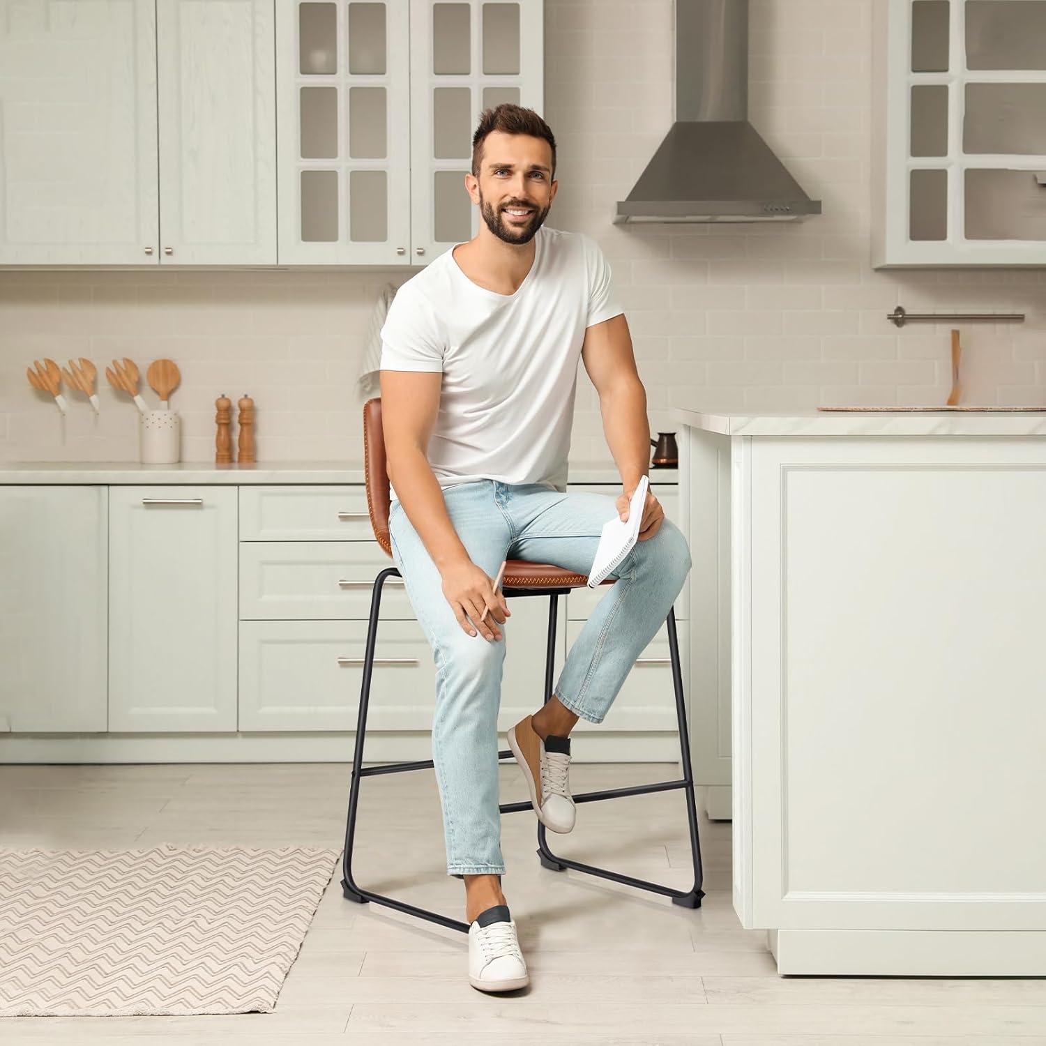 EDX Counter Height Bar Stools Set of 2 With Back and Footrest, Metal Frame, 26 inch, Brown