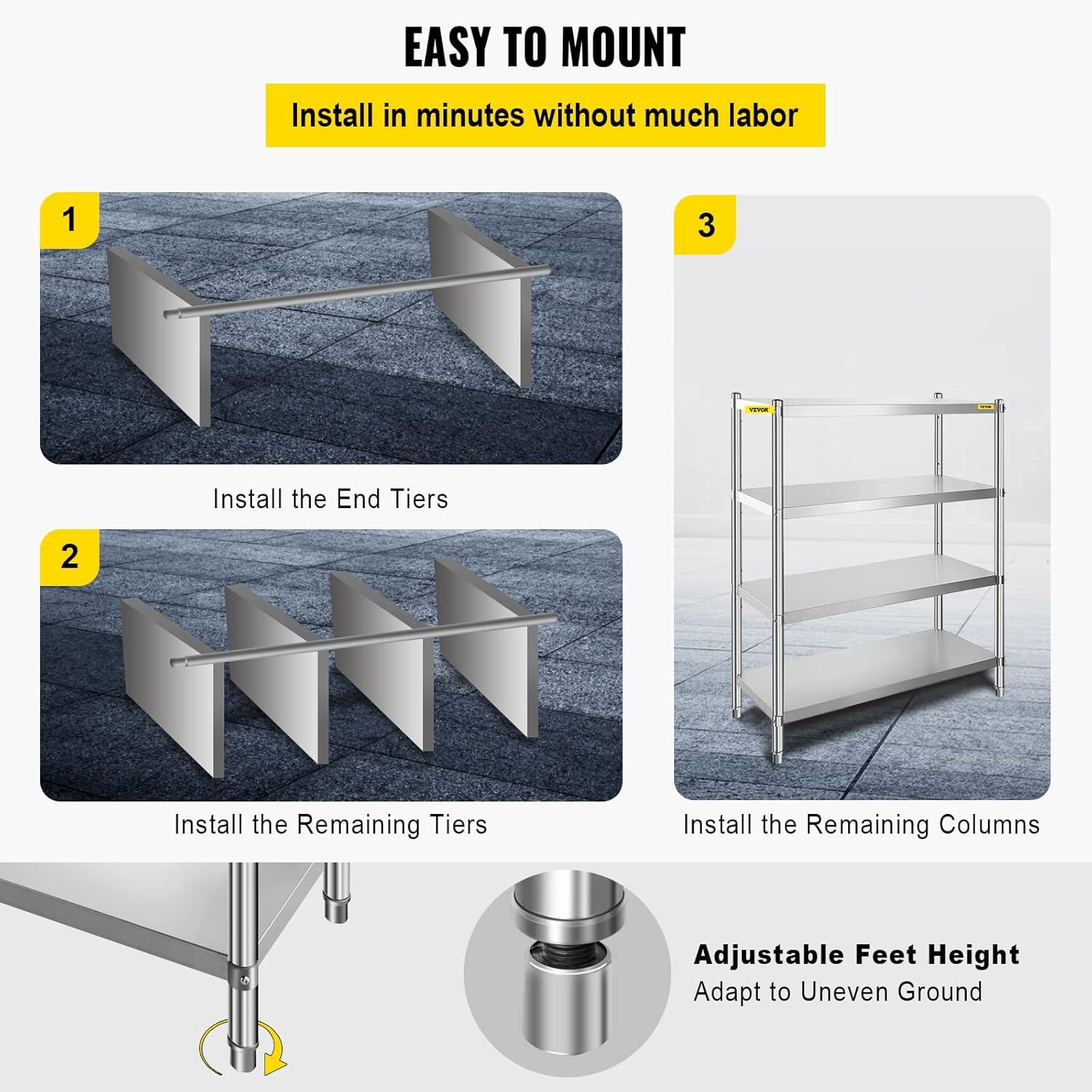 VEVORbrand Stainless Steel Shelving 46.8x18.5 inch 4 Tier Adjustable Shelf Storage Unit Stainless Steel Heavy Duty Shelving for Kitchen Commercial Office Garage Storage 330lb Per Shelf