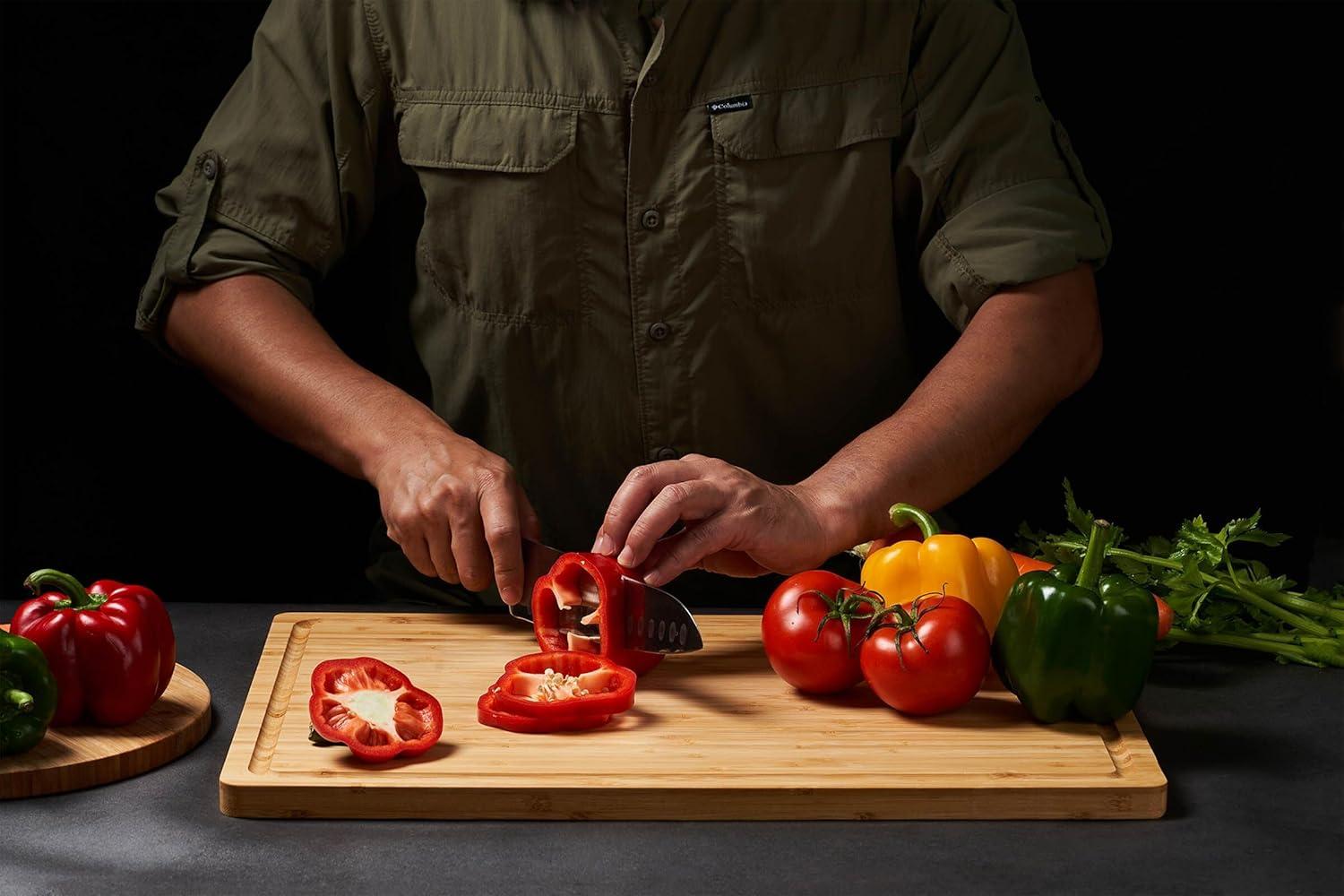 DILAND Bamboo Cutting Board For Kitchen, Large Wood Charcuterie Cheese Board, Wooden Chopping Block With Side Handles And Juice Grooves