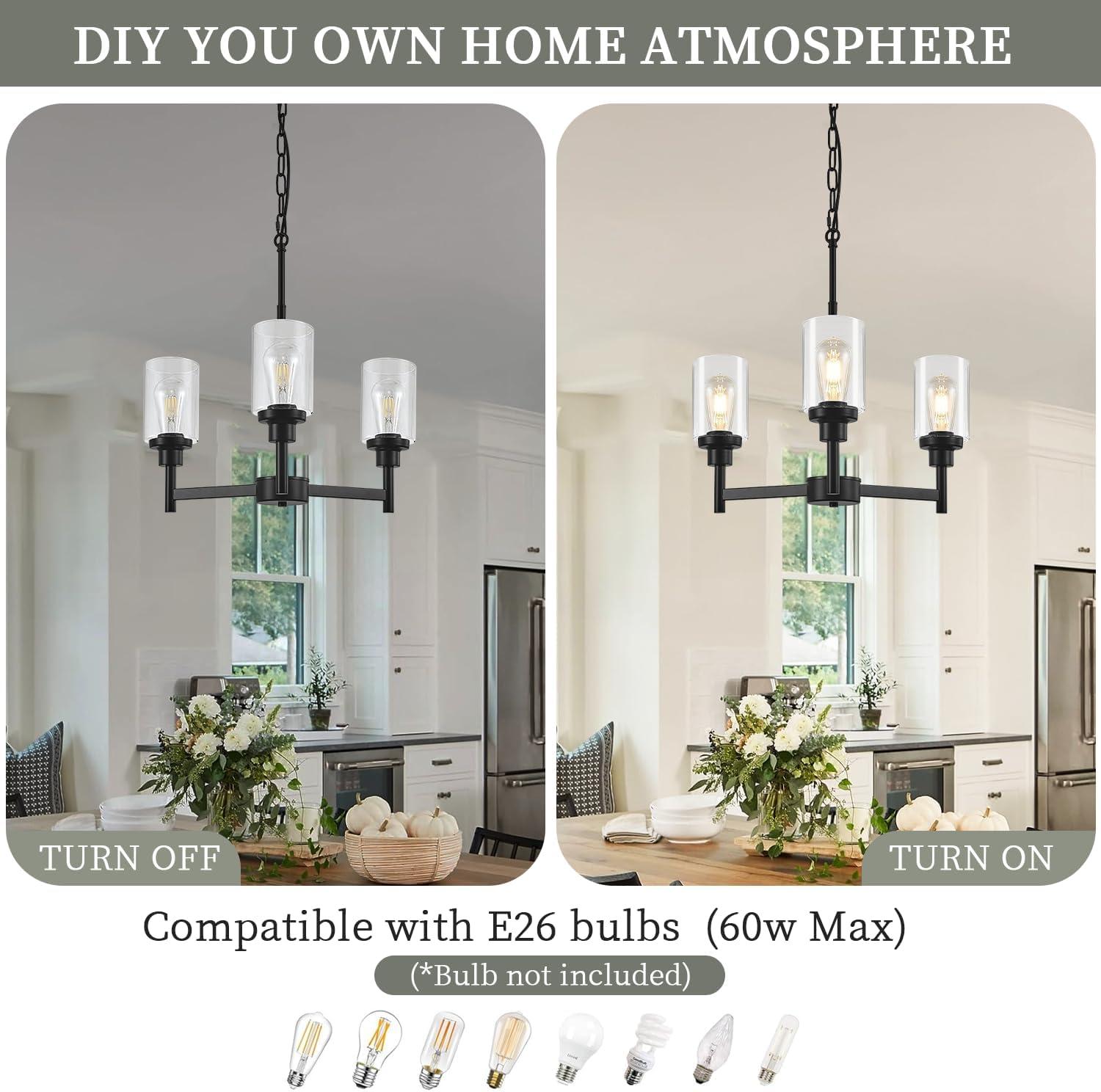 Black Chandelier for Dinning Room Living Room Island Kitchen Chandelier Light Fixtures Over Table, 3 Light Farmhouse Chandelier with Cylinder Clear Glass, Height Adjustable