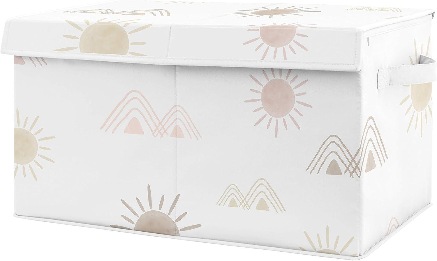 Pink and Beige Fabric Storage Toy Bin with Sun and Mountain Print