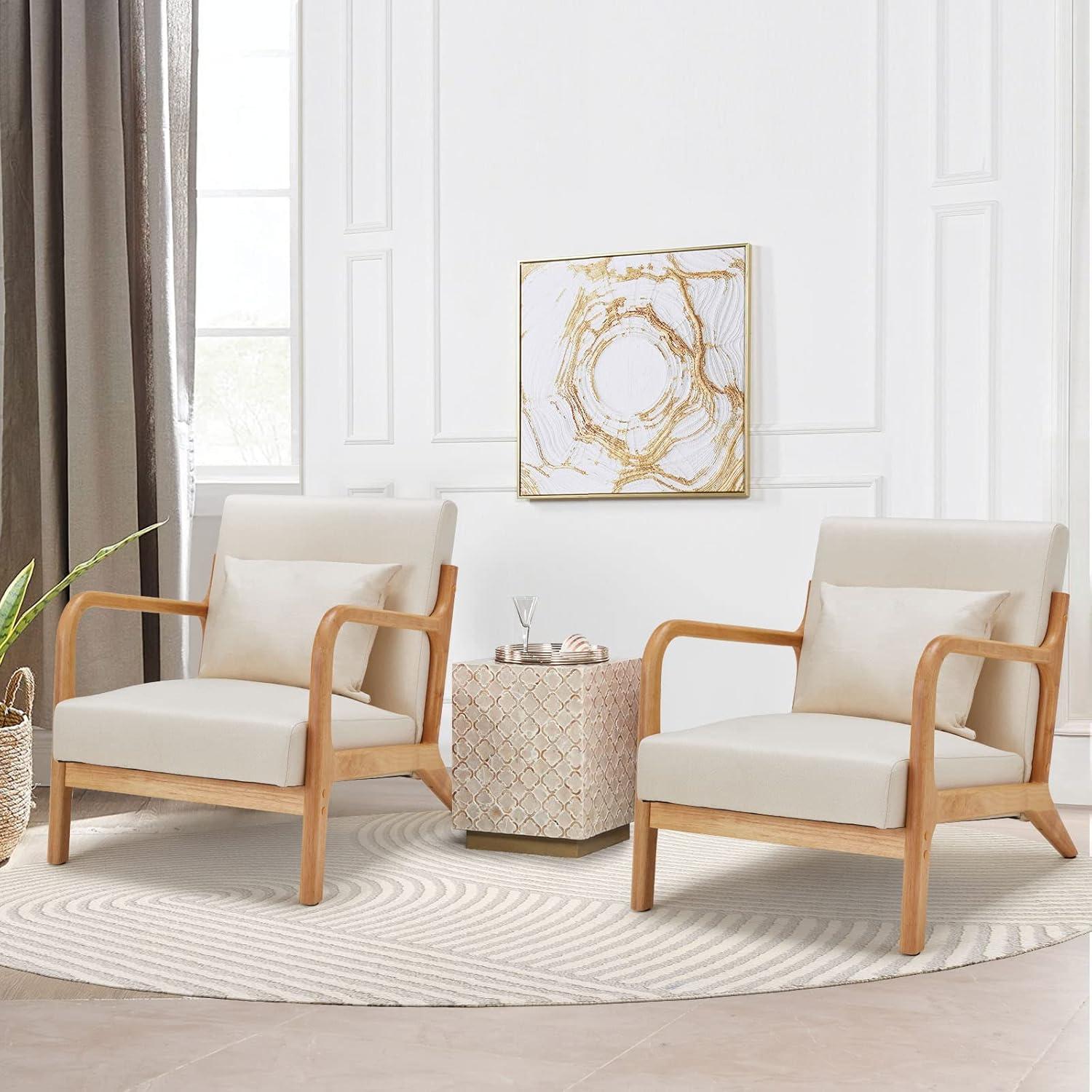 Jomeed Oak Wood Frame and Linen Upholstery Mid Century Modern Accent and Leisure Chair - Beige