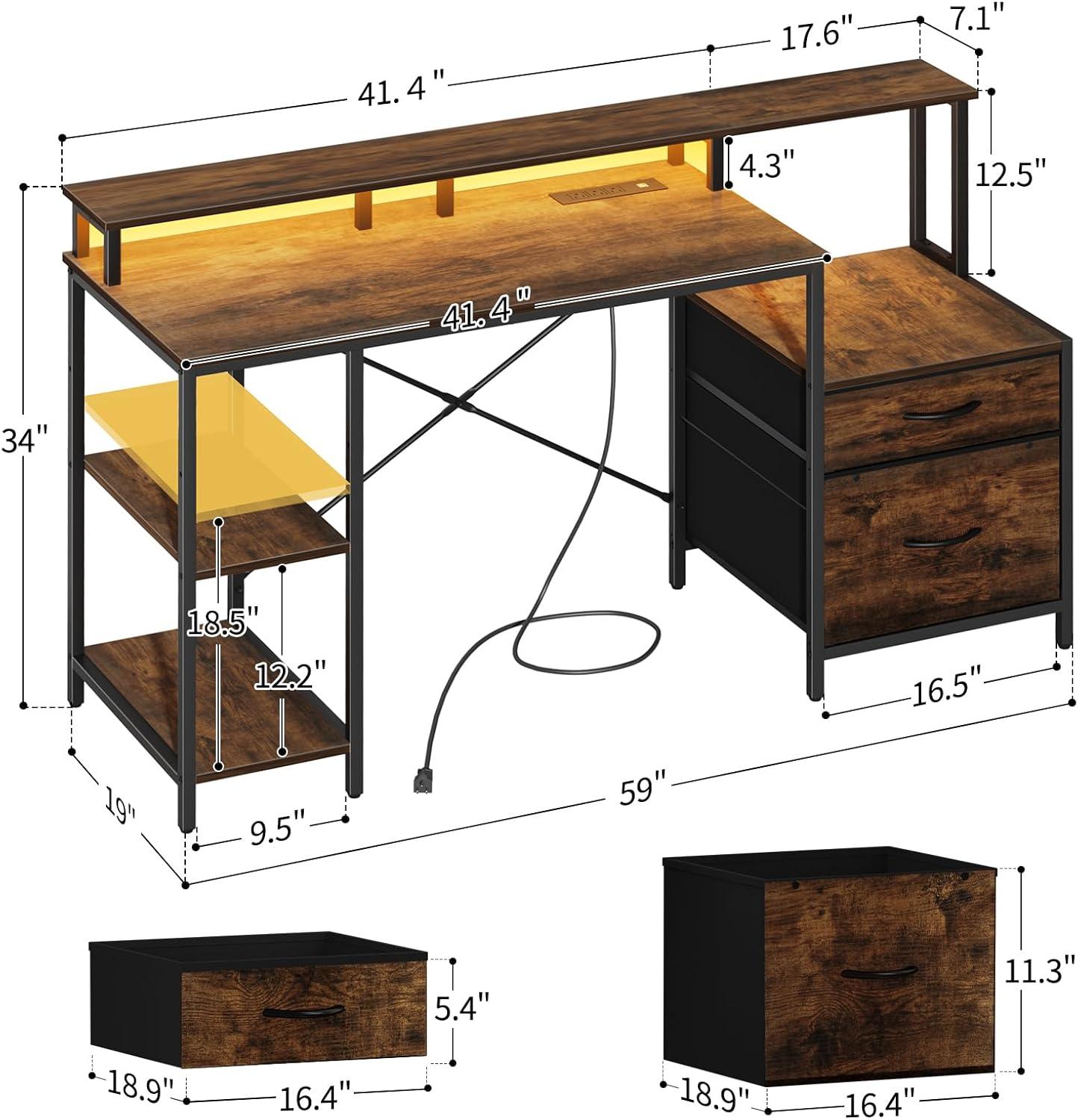 Rustic Brown Gaming Desk with Drawers, Power Outlet, and USB Ports