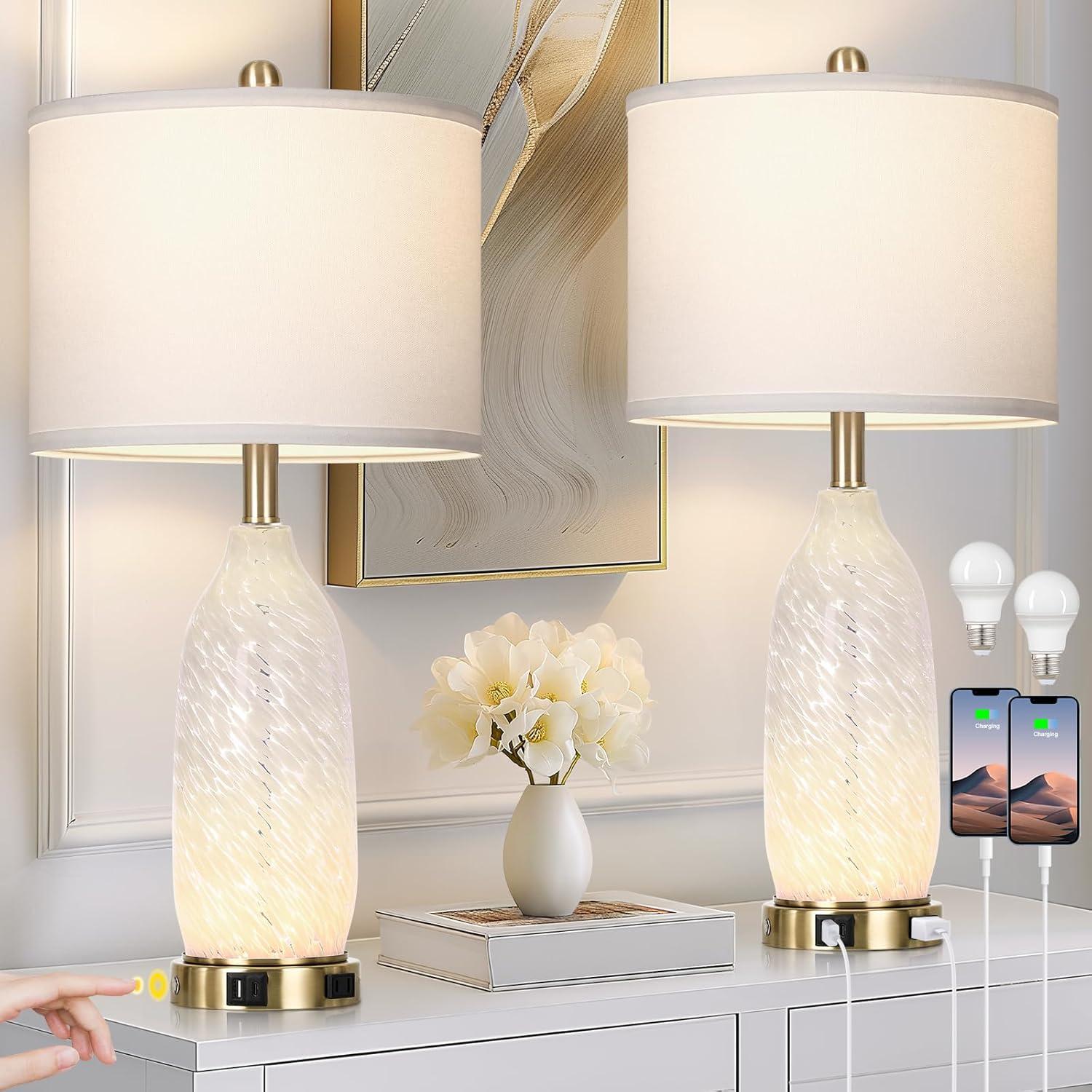 26'' White Glass Table Lamps Set with USB Ports and Touch Control