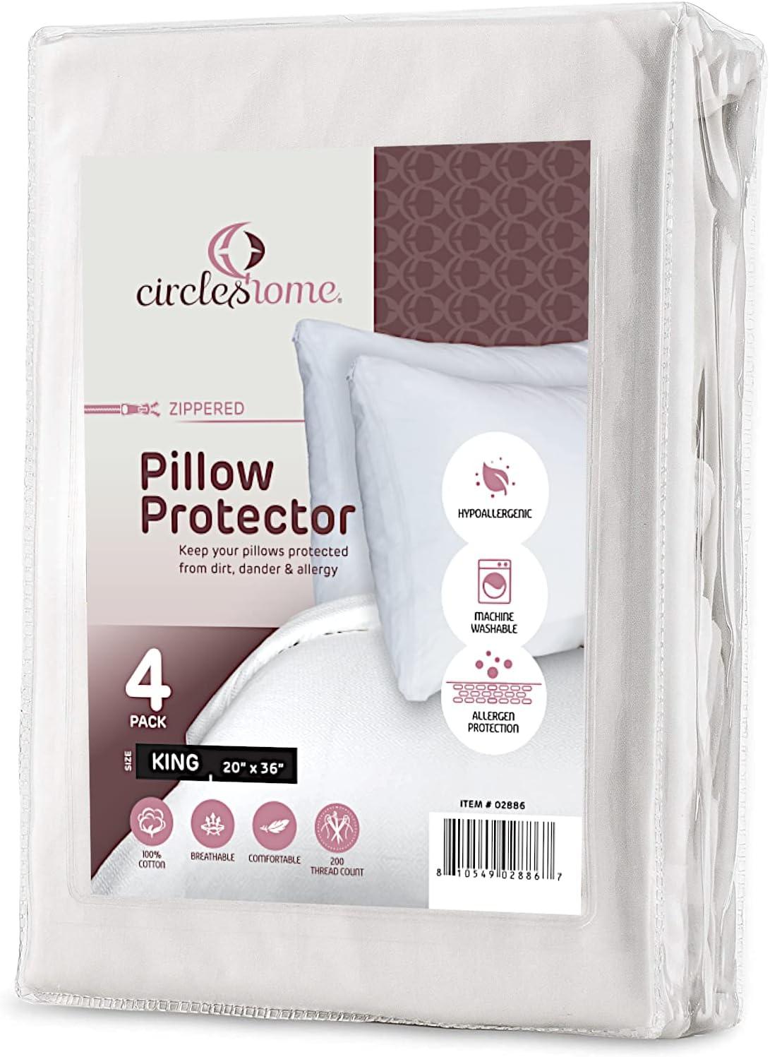 Circles Home 100% Cotton Breathable Pillow Protector with Zipper (4 Pack)