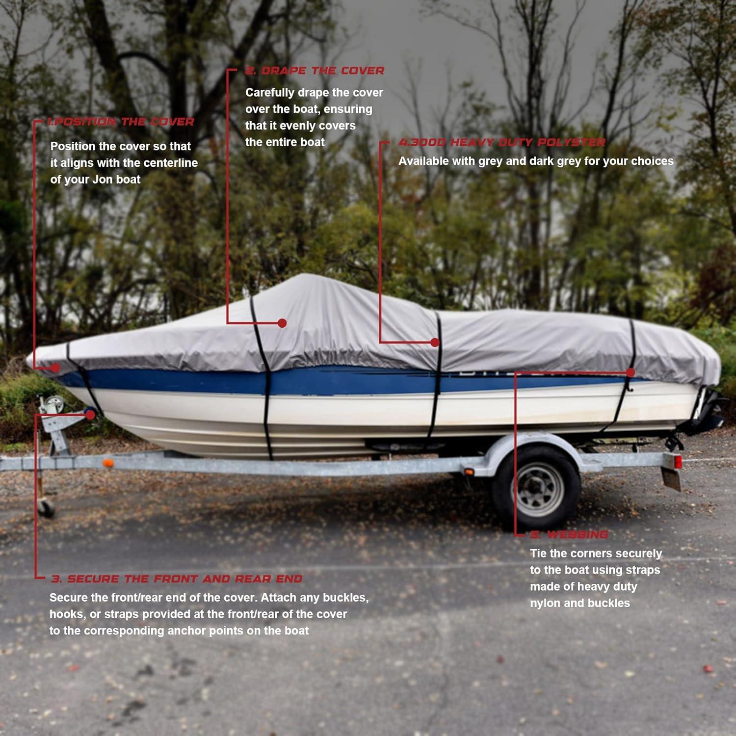Genrics 14Ft Boat Cover Waterproof Heavy Duty Trailerable Replacement for Jon Boat Grey