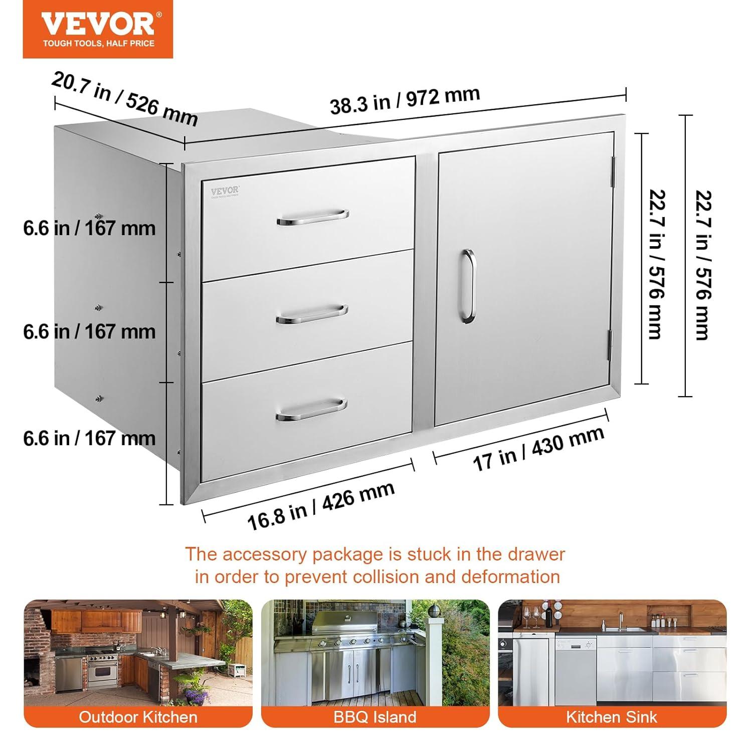 VEVOR BBQ Island Drawers 38.1W x 22.6H x 20.8D, Outdoor Kitchen Door Drawer Combo Cabinets, BBQ Access Door/Triple Drawers Combo, Stainless Steel Handles, Perfect for BBQ Island Patio Grill Station