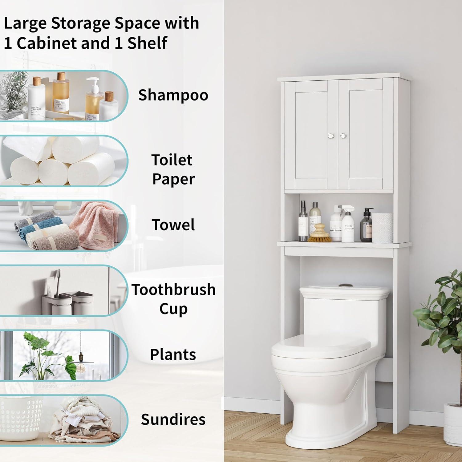 White Engineered Wood Over-the-Toilet Storage Cabinet with Adjustable Shelf