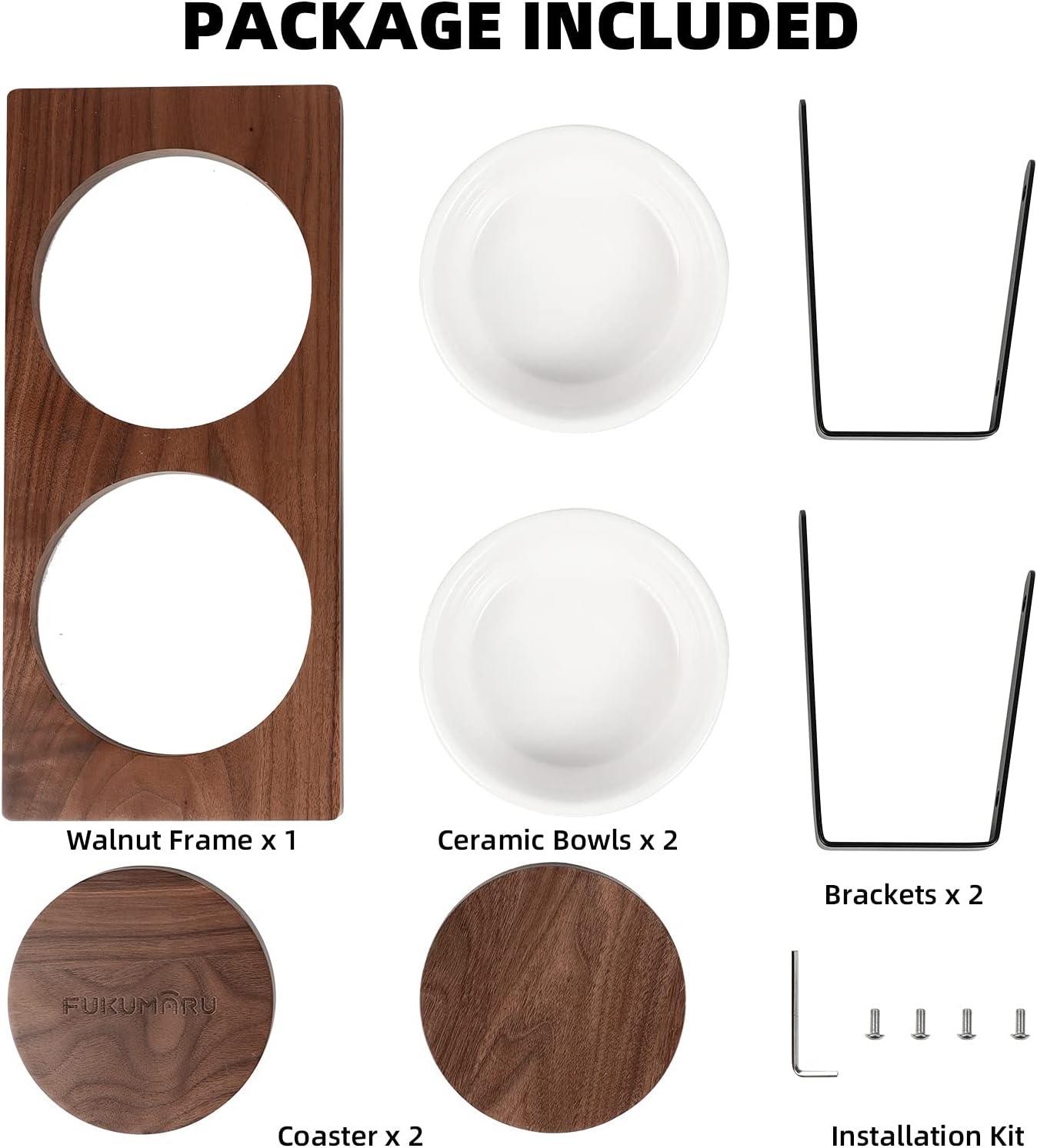 Elevated Cat Ceramic Bowls, Small Dog 15°Tilted Raised Food Feeding Dishes, Solid Walnut Water Stand Feeder Set for Cats and Puppy