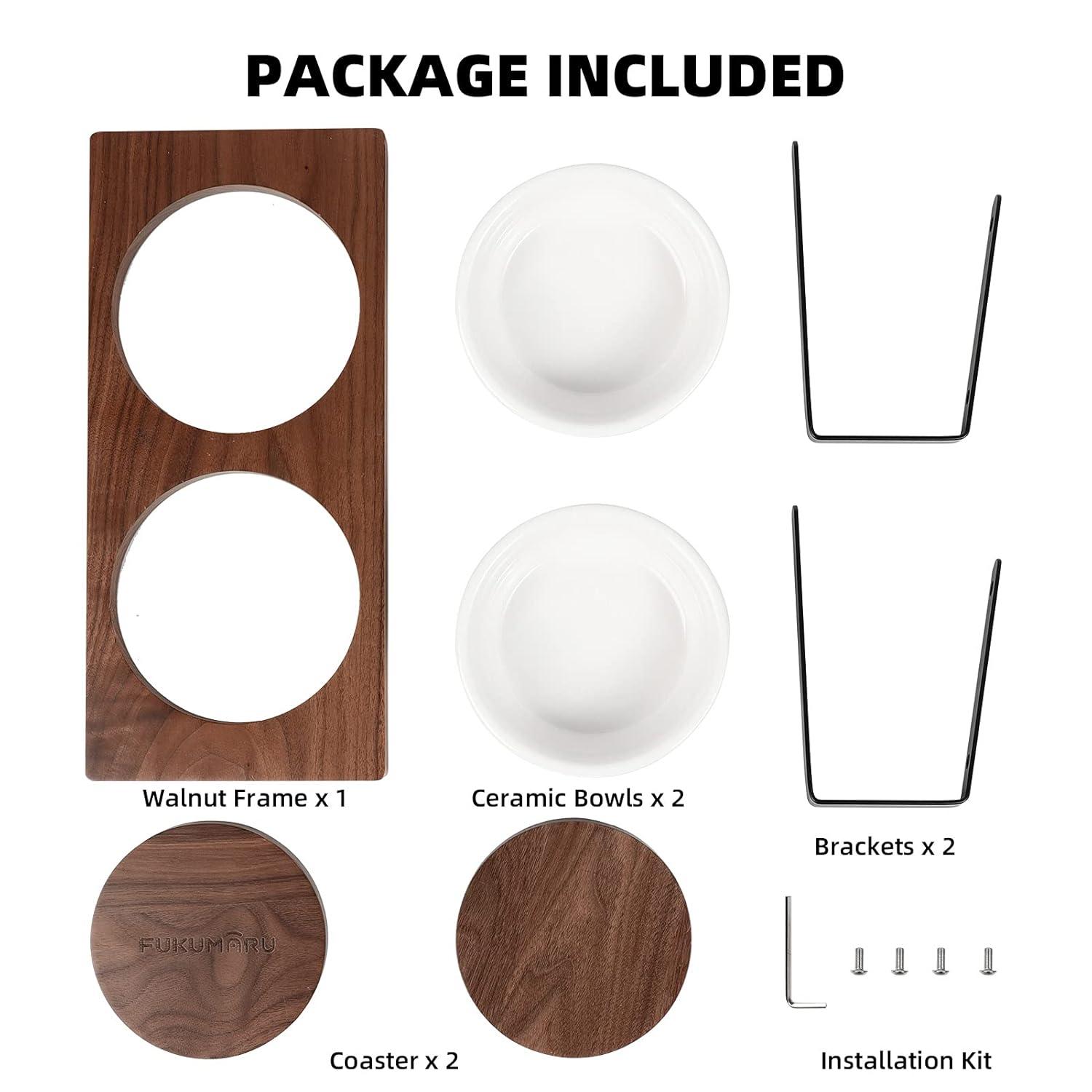 Elevated Cat Ceramic Bowls, Small Dog 15°Tilted Raised Food Feeding Dishes, Solid Walnut Water Stand Feeder Set for Cats and Puppy