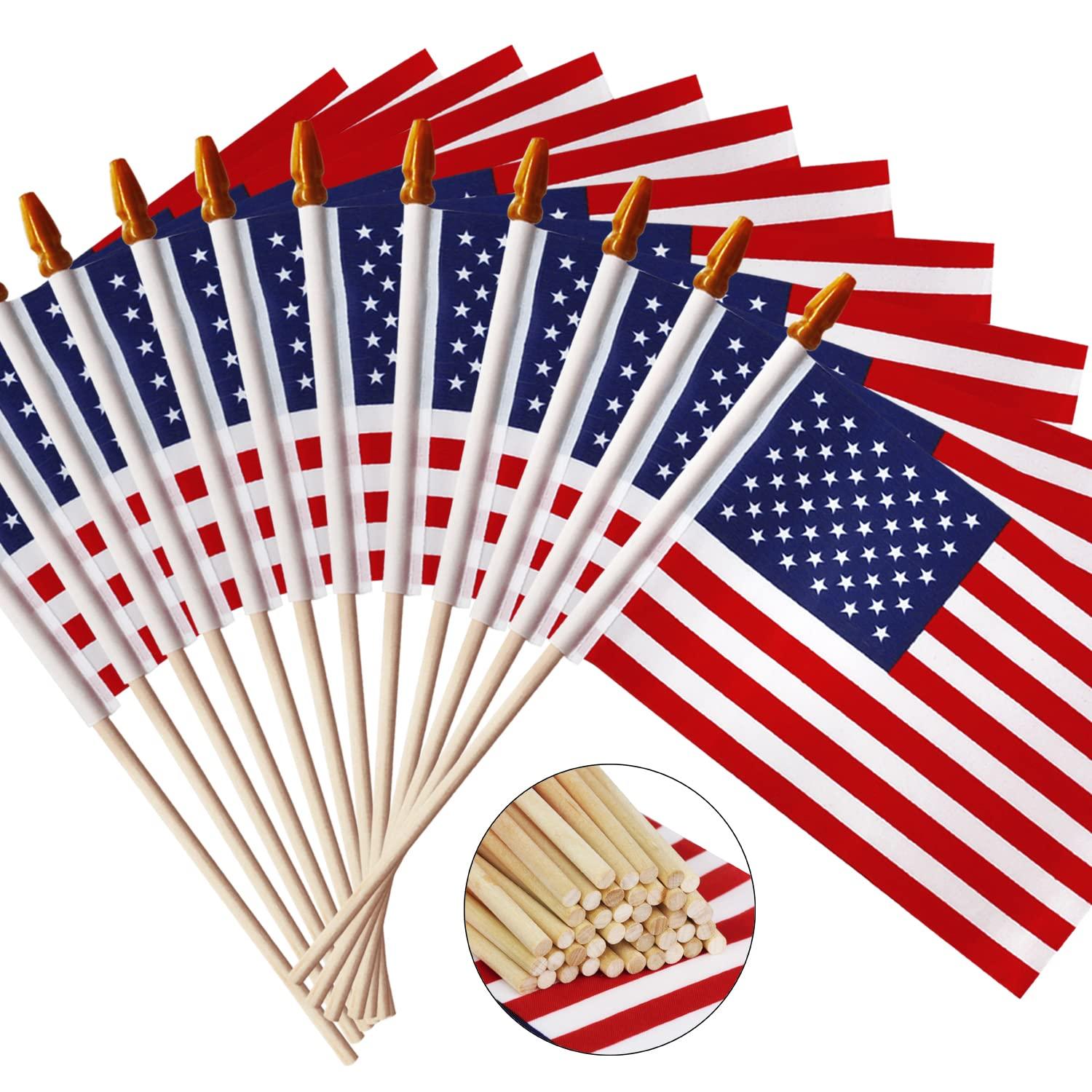 DizeyBoyo USA 4x6 in Wooden Stick Flag - July 4th Decoration, Veteran Party, Grave Marker, etc. - HandHeld American Flag (Pack of 50)