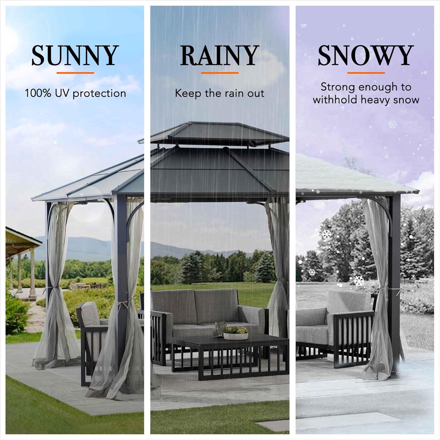 Sunjoy Sunjoy Hardtop Gazebo 10 x 12 ft. Outdoor Gazebo, Heavy Duty Steel Frame Gazebo, Double Roof Metal Gazebo with Ceiling Hook and Removable Netting Sidewalls