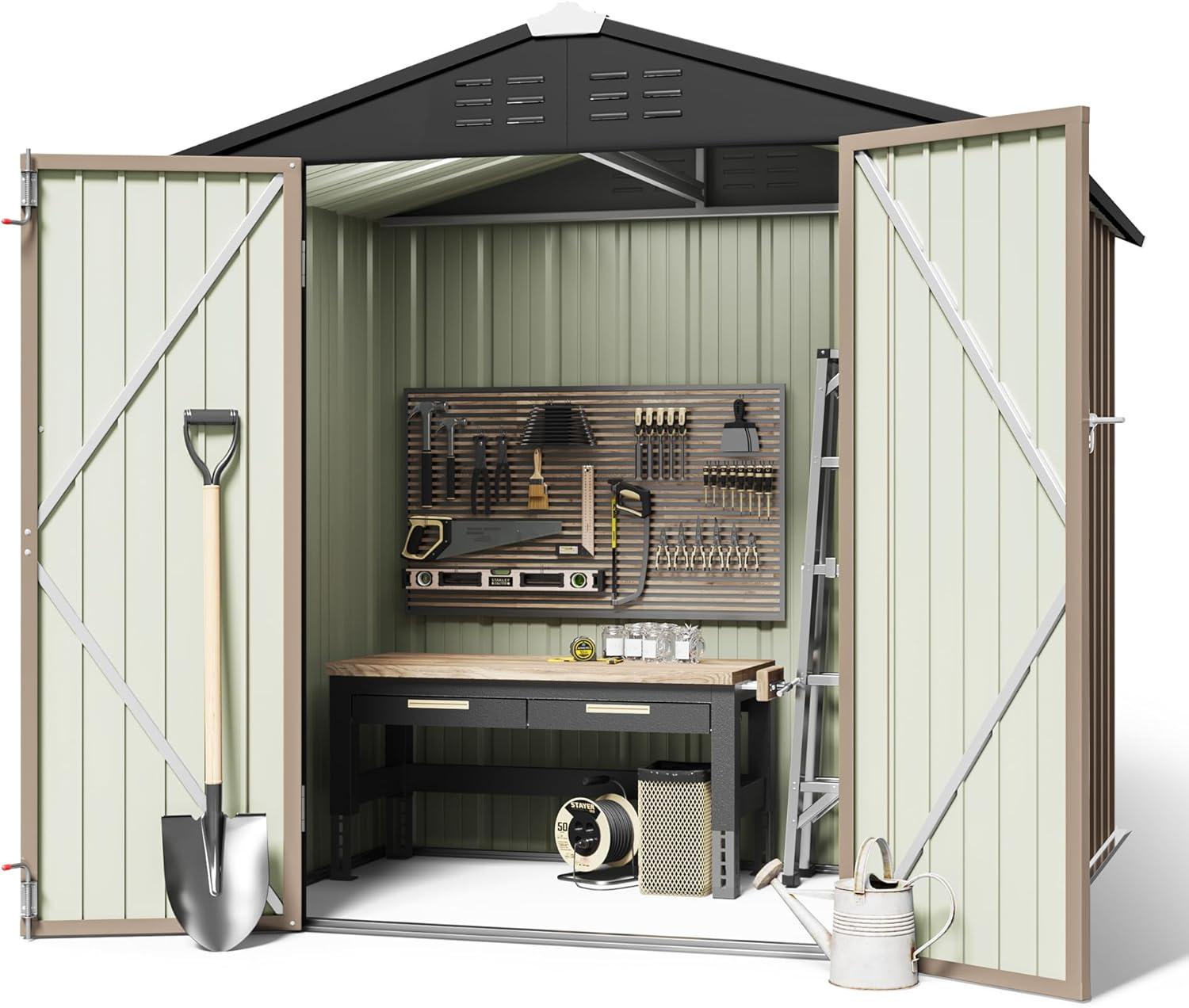 Outdoor Metal Storage Shed 6 x 4 ft, GVDV Updated Steel Garden Shed with Door & Lock, Brown