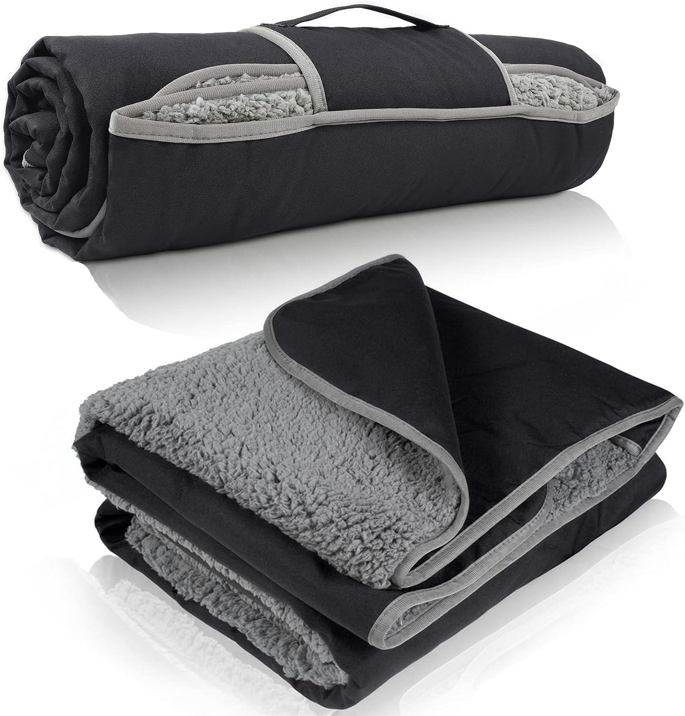 Tirrinia Extra Large Size Waterproof Outdoor Blanket with Fleece Lining, Windproof Triple Layers Warm Comfy Foldable for Camping, 66''X 90'', Black