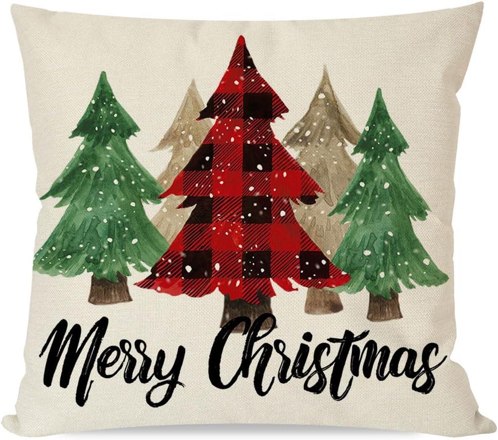 BEAUTY Merry Christmas Throw Pillow Covers 18 x 18 Inch Set of 4  Red Barn Merry & Bright Xmas Farmhouse Holiday Pillowcases for Home Outdoor Decoration CP053-18