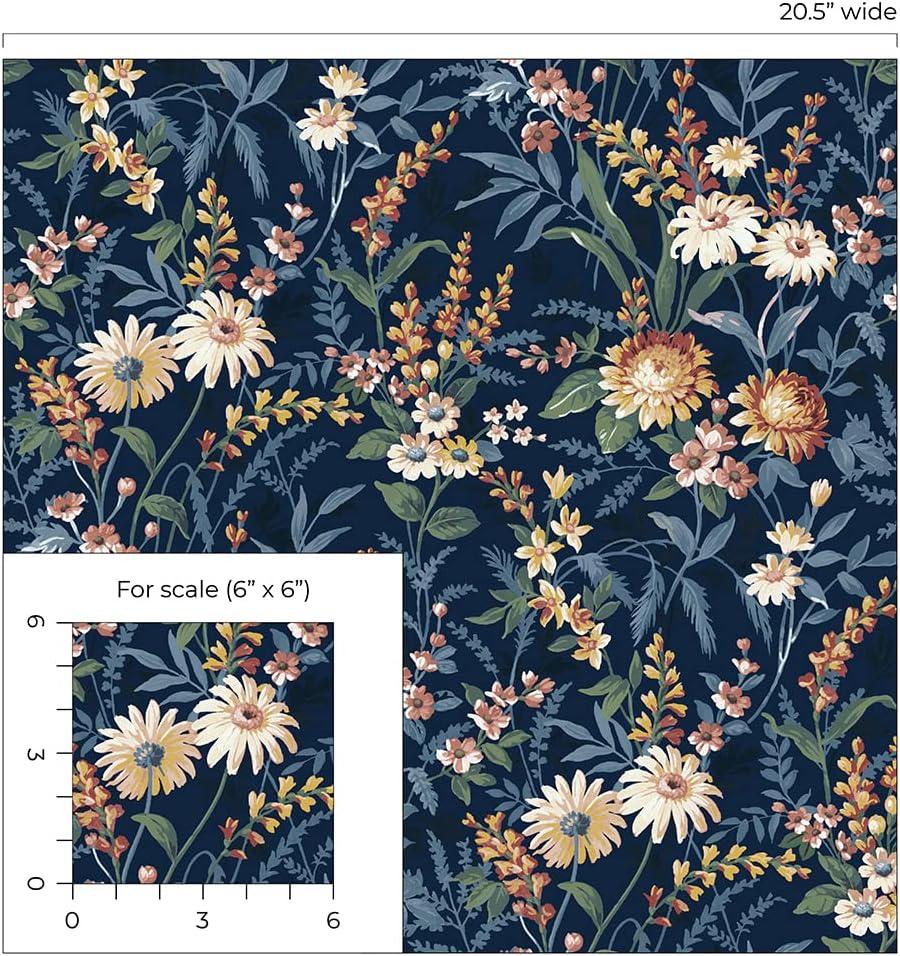 NextWall  Vintage Floral Peel and Stick Wallpaper 20.5 in. W x 18 ft. L - Navy Blue
