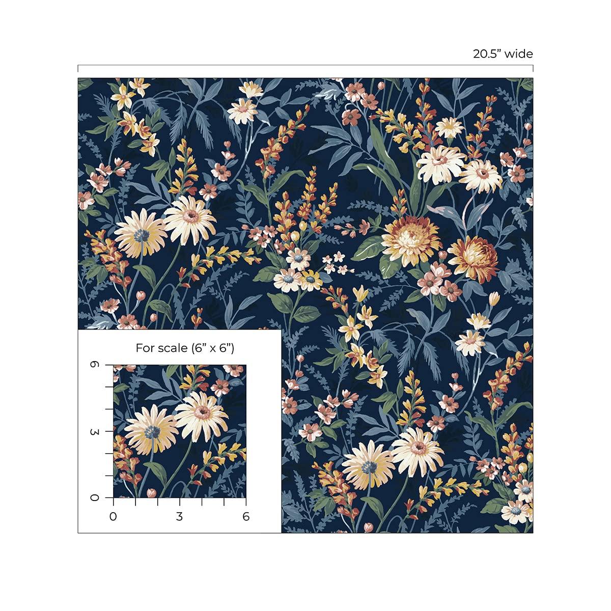 NextWall  Vintage Floral Peel and Stick Wallpaper 20.5 in. W x 18 ft. L - Navy Blue
