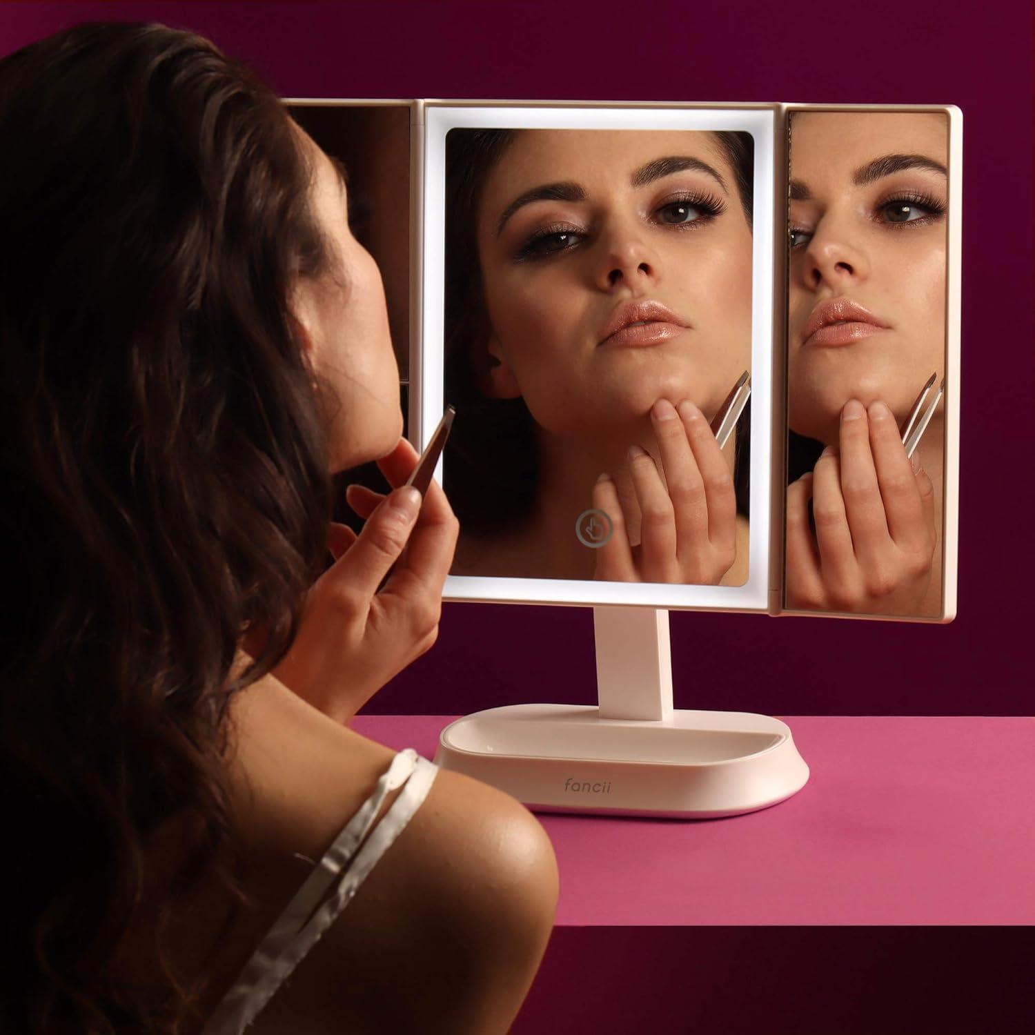 Fancii LED Lighted Makeup Mirror with 3 Color Temp, Rechargeable Trifold Vanity Mirror with 5X / 7X Magnifications - Dimmable Lights, Touch Sensor, Cosmetic Stand (Zora)