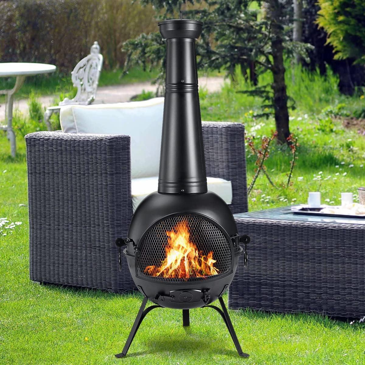 SINGLYFIRE 55 Inch High Fire Pit Fireplace with Chiminea Cover Rust-Free Iron Black