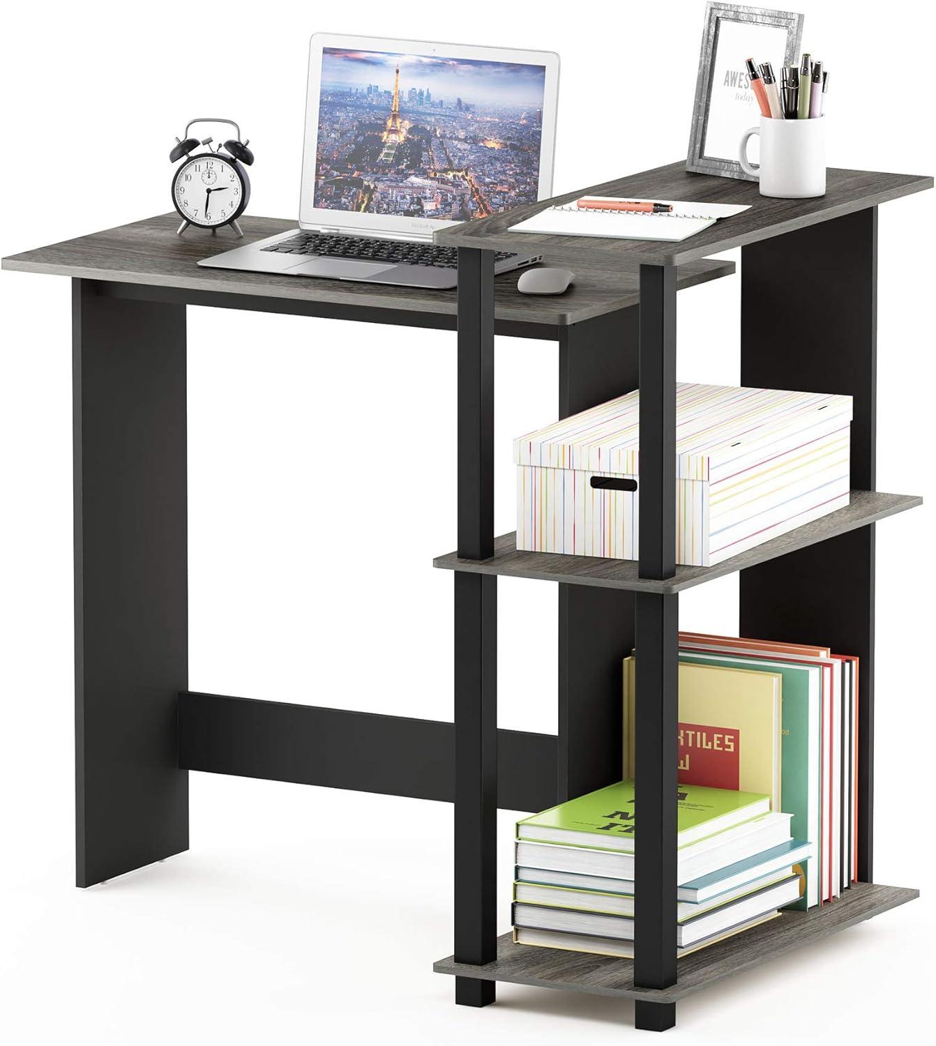 16086R1GYW-BK Abbott Corner Computer Desk with Bookshelf - French Oak Grey & Black