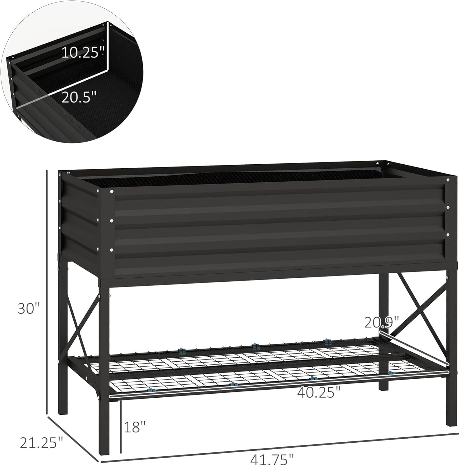 Outsunny Raised Garden Bed with Galvanized Steel Frame, Storage Shelf and Bed Liner, Elevated Planter Box with Legs for Vegetables, Flowers, Herbs, Black