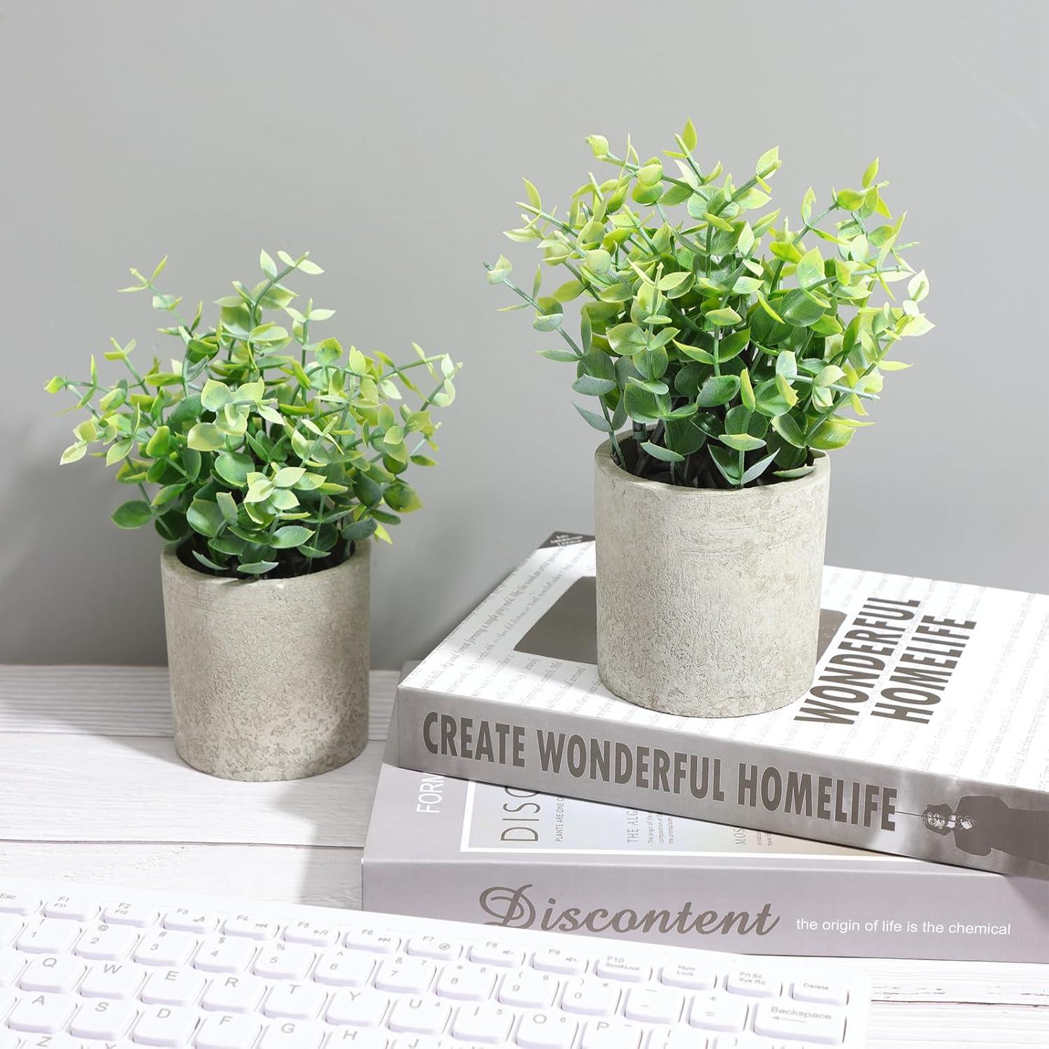 2 Pack Small Fake Plants Eucalyptus Potted Artificial Plants for Shelf Desk Home Bathroom Farmhouse Room Coffee Table Decor