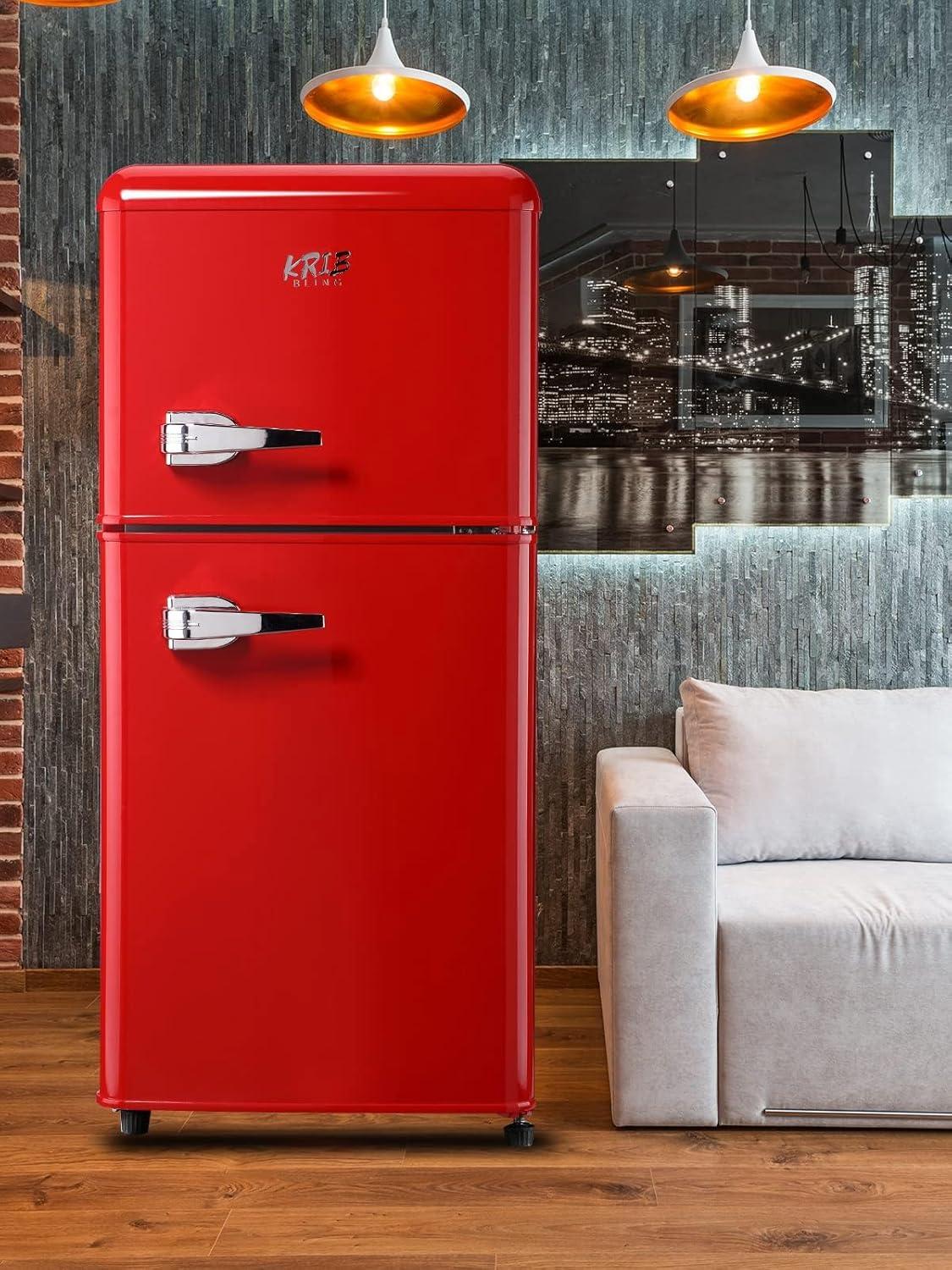 Krib Bling 3.5Cu.ft Compact Refrigerator with 7 Level Thermostat, Mini Fridge with Freezer, 2 Door Portable Fridge with Removable Glass Shelves, Suitable for Kitchen, Apartment, Dorm, Bar Red