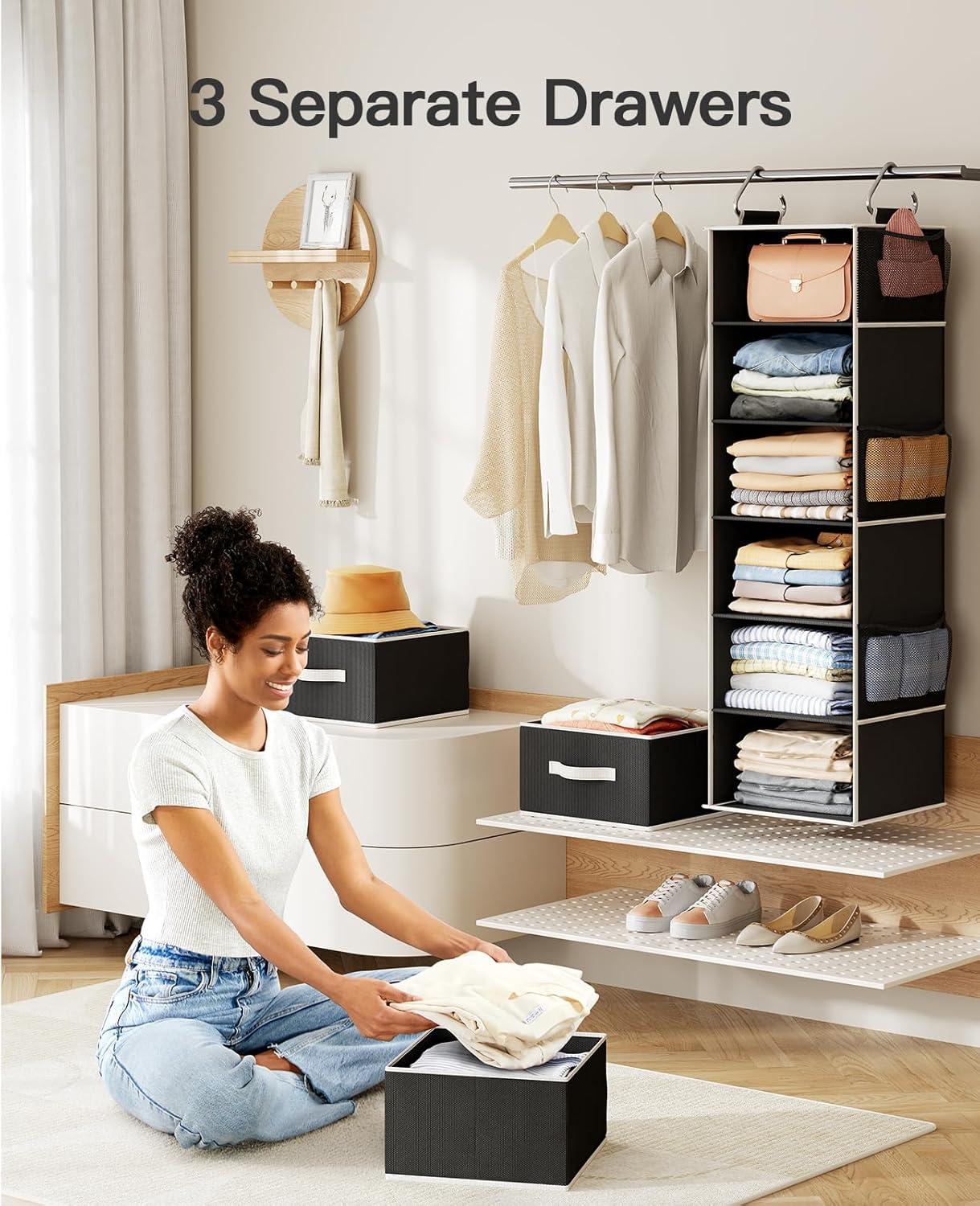 Rebrilliant Hanging Closet Organizer 6-Shelf with 3 Removable Drawers & Side Pockets