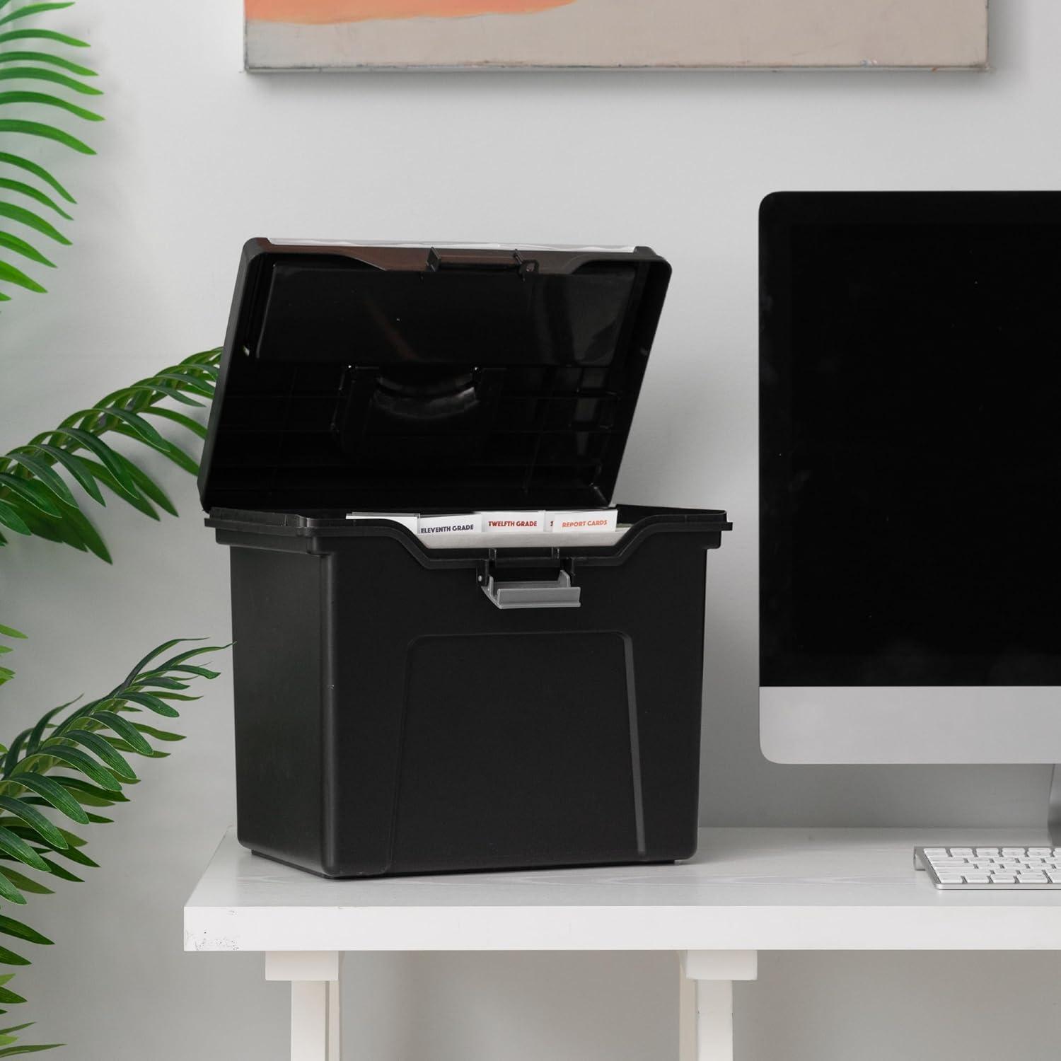 IRIS USA File Box Portable File Organizer Plastic File Box for Letter File w/ Organizer-Lid, Black 4 Pack