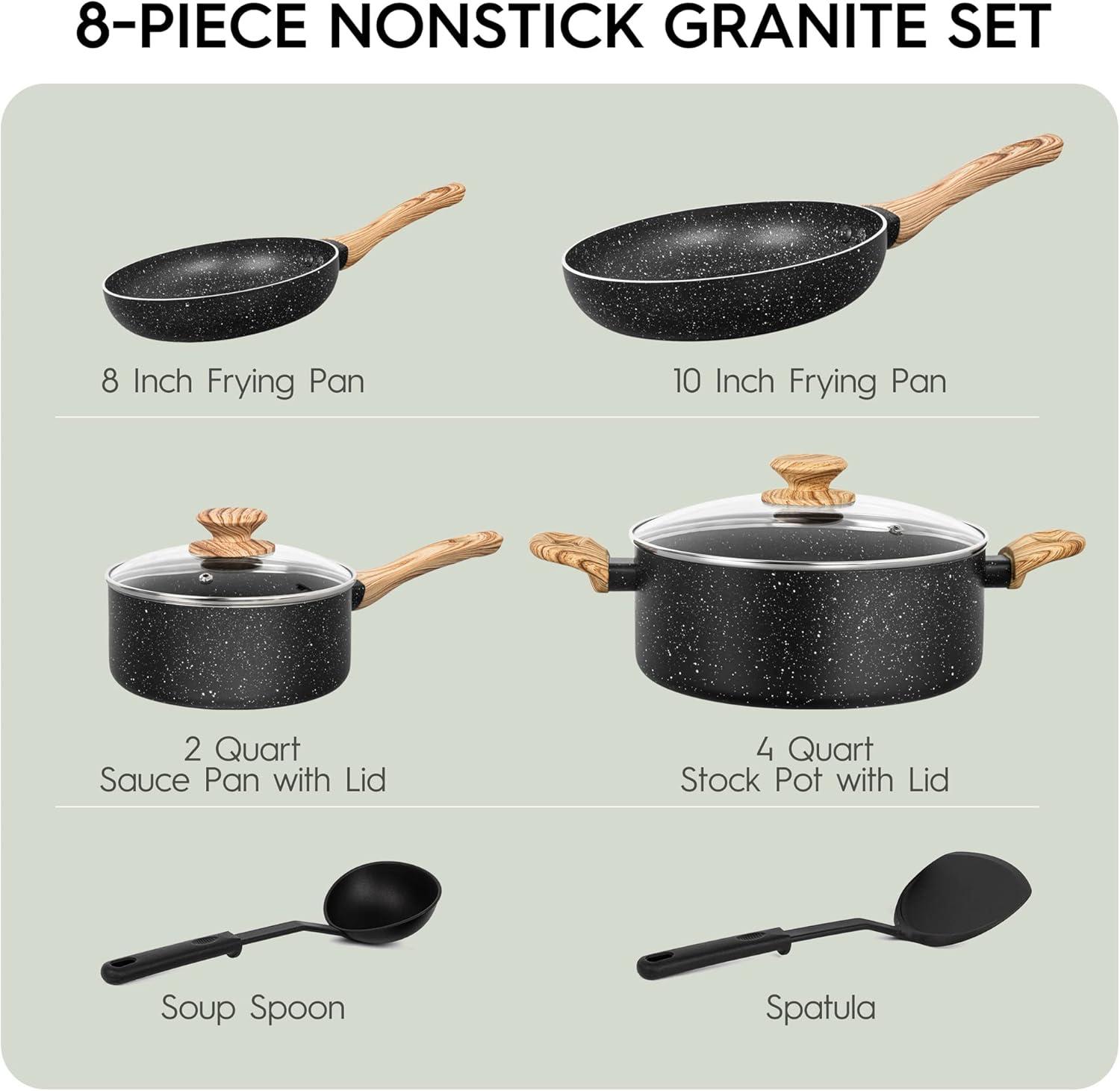 8-Piece Black Granite Non-Stick Aluminum Cookware Set