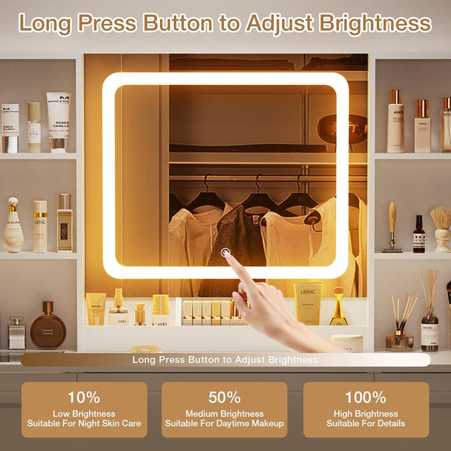 Hommpa Vanity Set with Mirror, Girls Makeup Vanity with  LED Lights, White Vanity Desk with Drawers, Vanity Table with Charging Station for Women Bedroom Storage