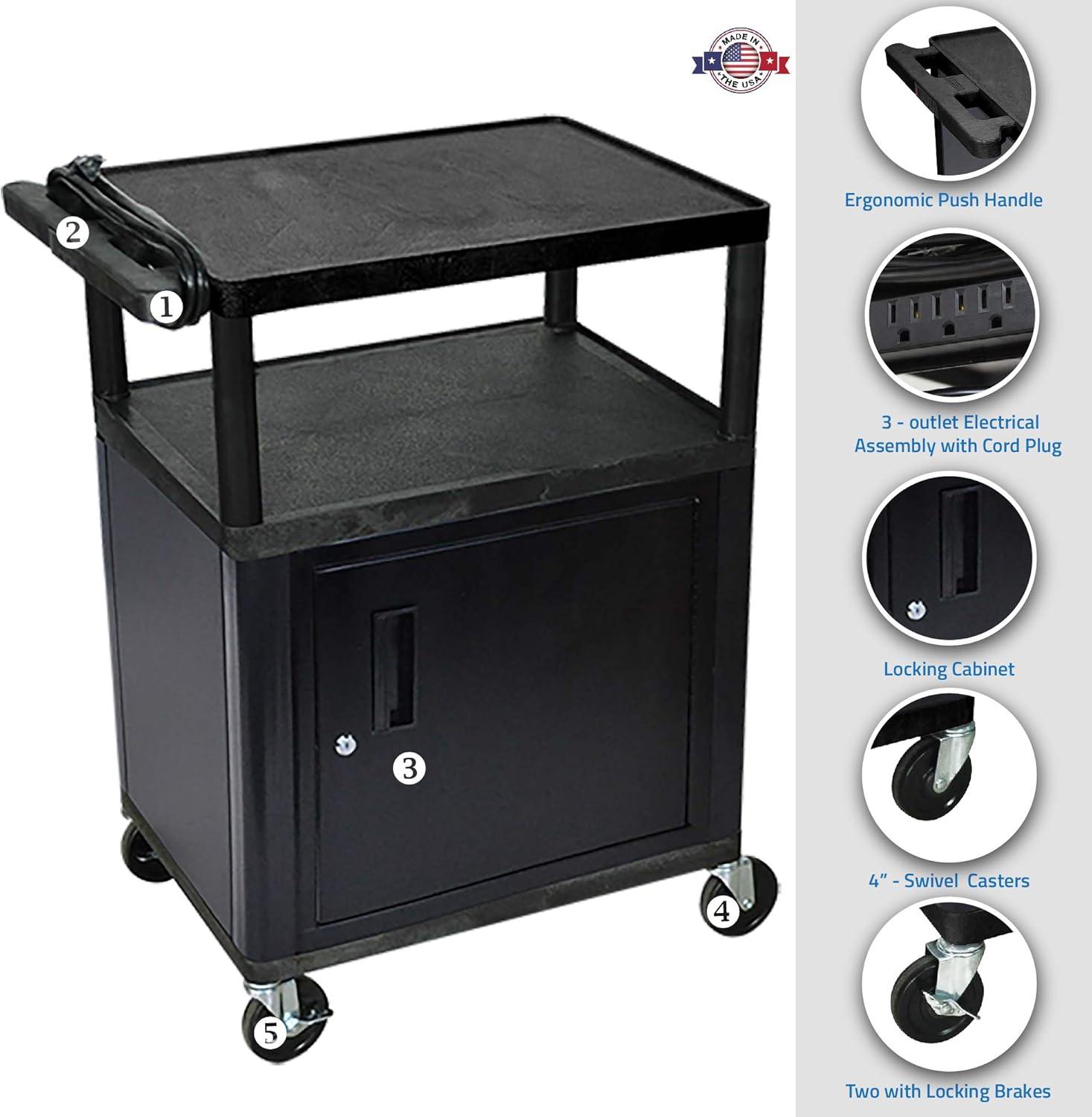 Luxor 3 Shelves 34 Mobile Presentation AV Cart w/3 Outlet Electric Black LP34CE-B