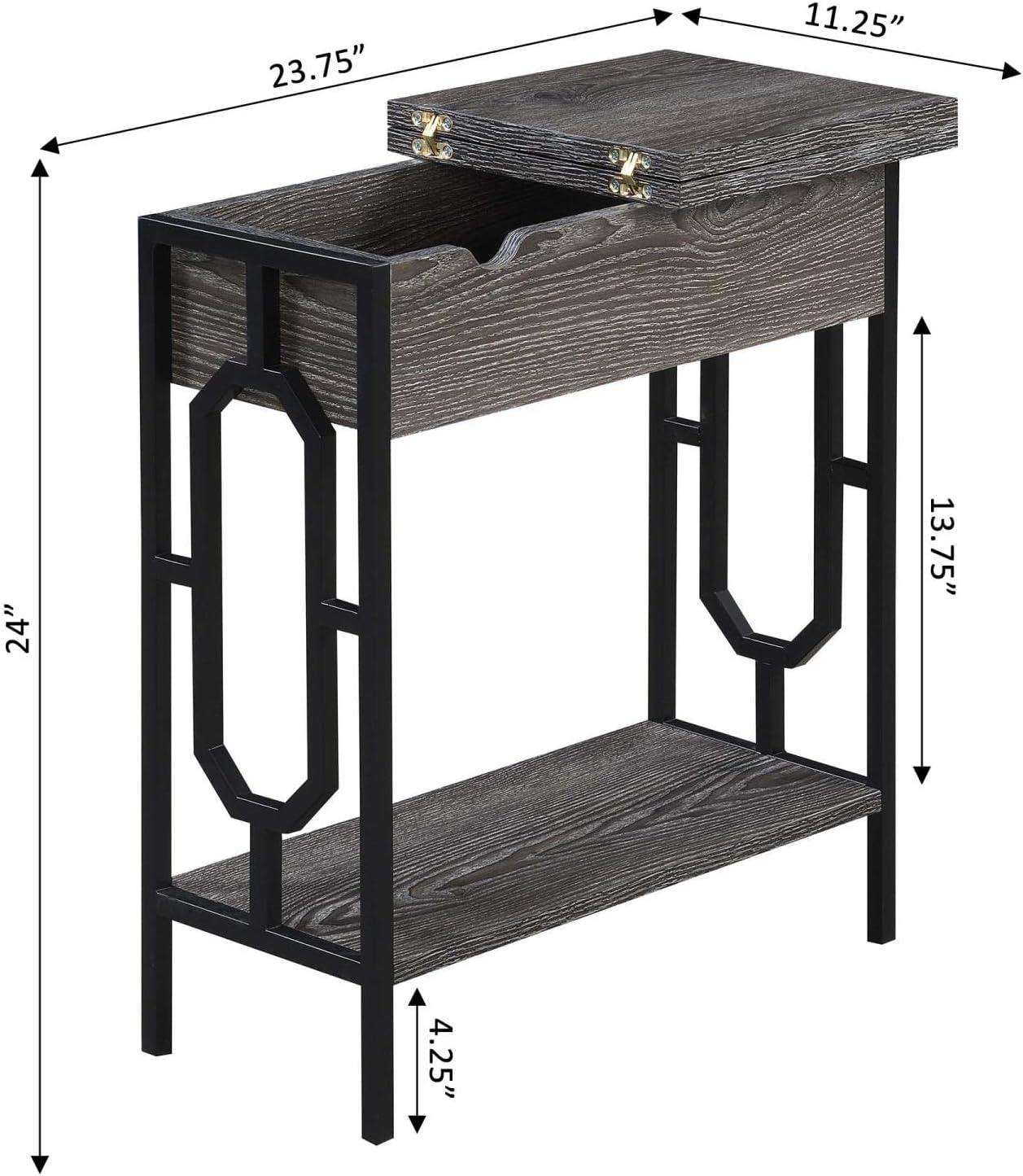 24 in. Omega Flip Top End Table with Charging Station, Weathered Gray Wood & Black