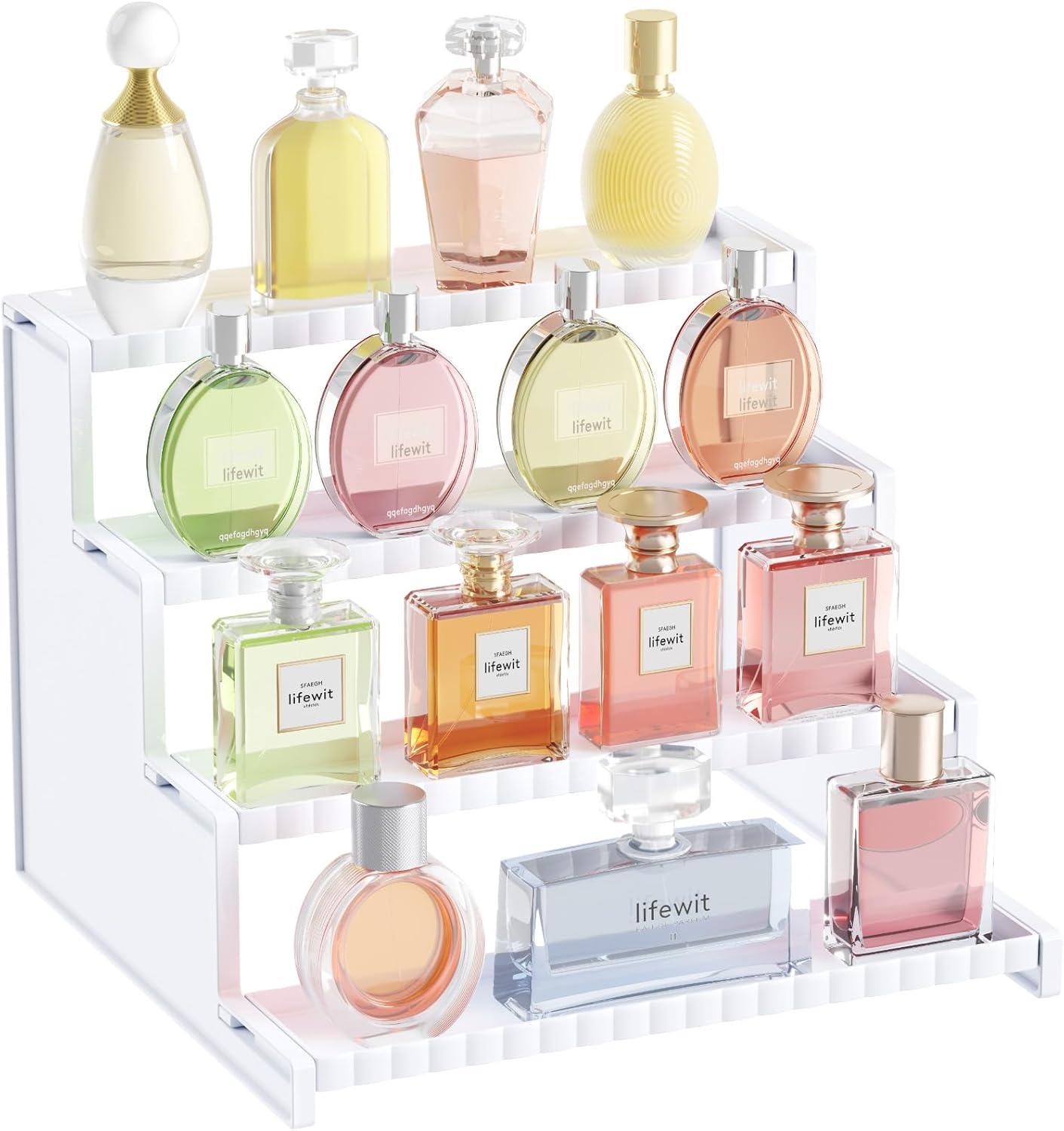 Lifewit 4 Tier Clear Display Risers Stand With Decorative Fences, Plastic 12 Inch Perfume Organizer, Display For Figures, Cupcake, Dessert, Desktop Stand For Organization And Decor, 1 Pack