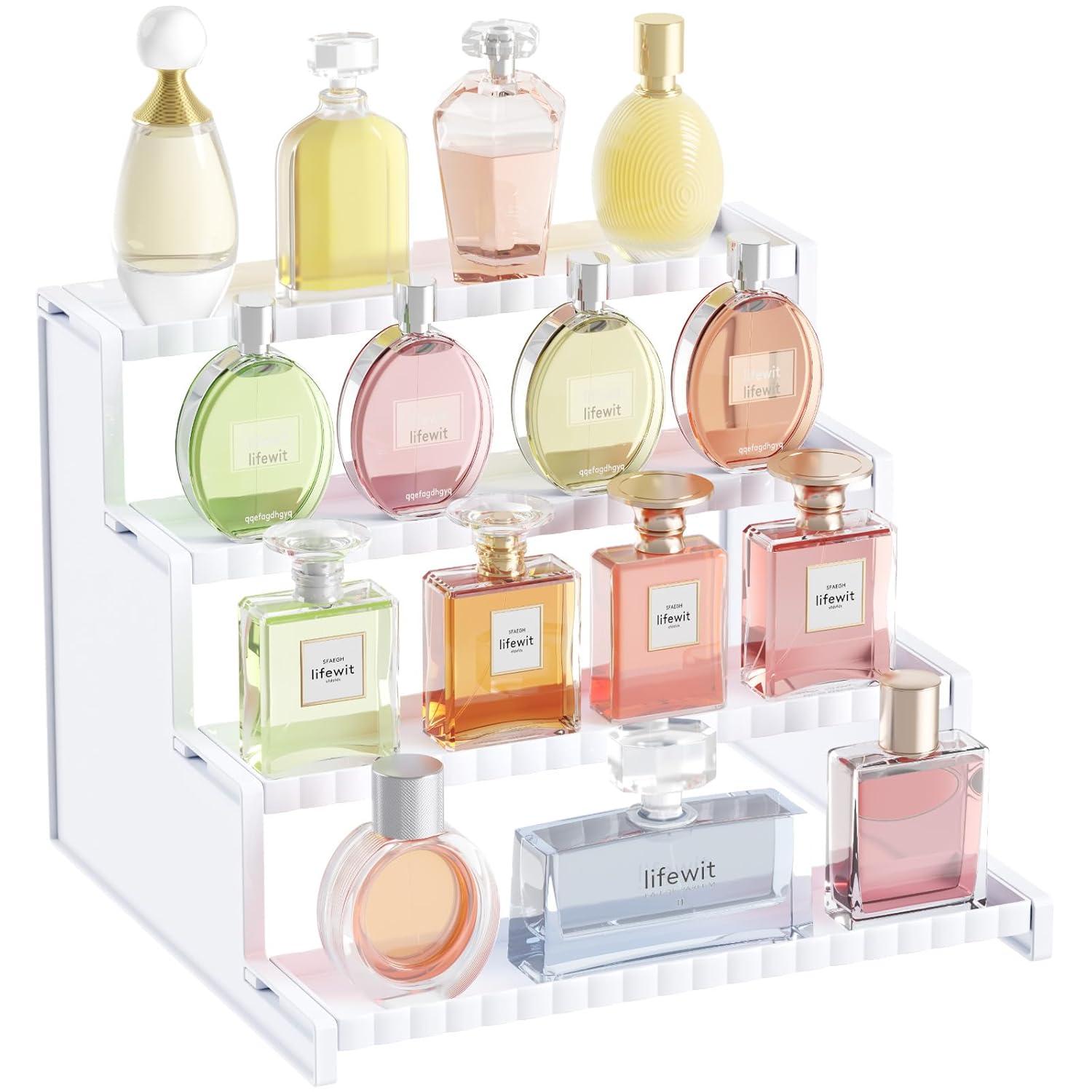 Lifewit 4 Tier Clear Display Risers Stand With Decorative Fences, Plastic 12 Inch Perfume Organizer, Display For Figures, Cupcake, Dessert, Desktop Stand For Organization And Decor, 1 Pack