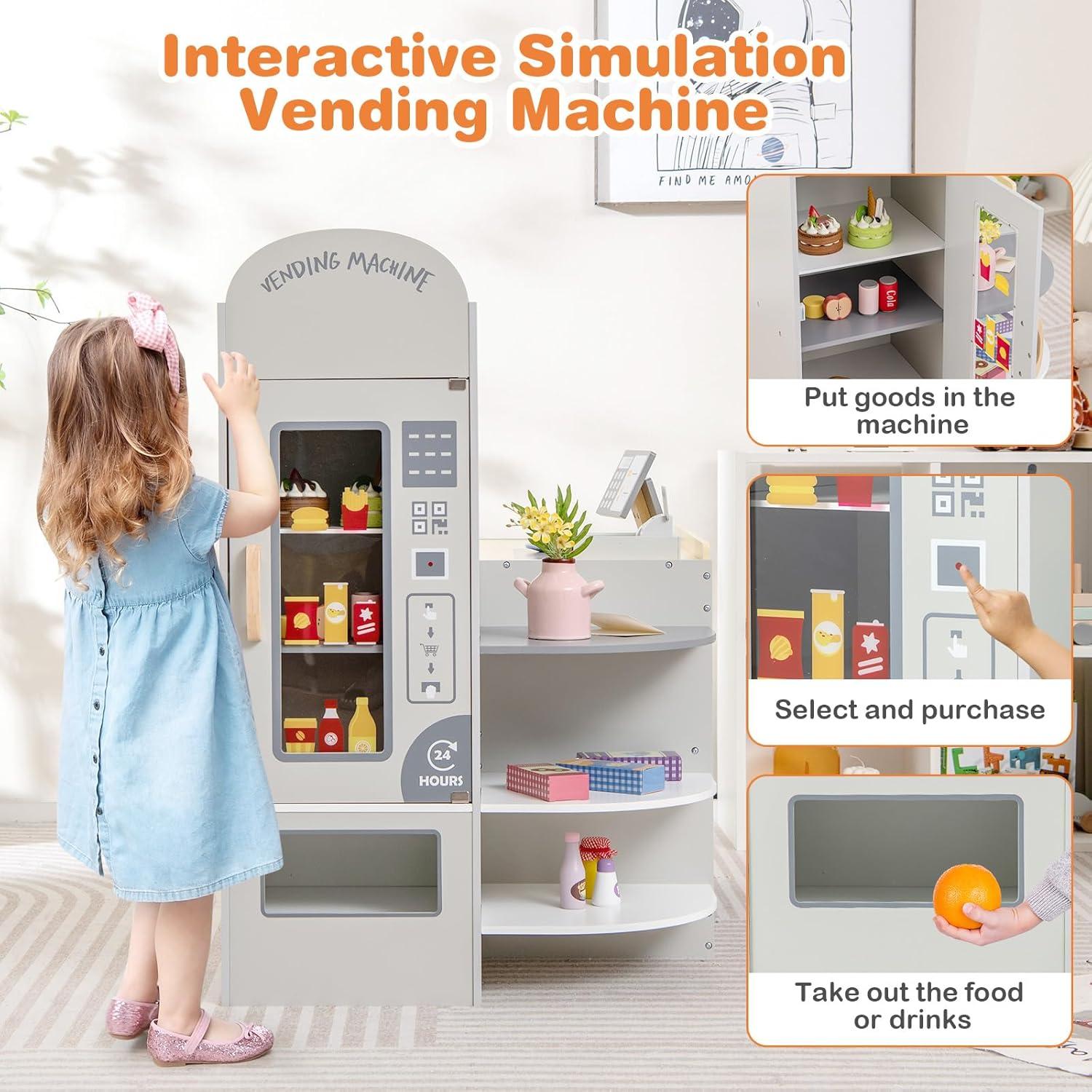 Canddidliike Kids Grocery Store Playset with Cash Register POS Machine, Gifts for Boys and Girls Aged 3-8, Gray, Play Kitchen for Kids, Wooden Kids Play