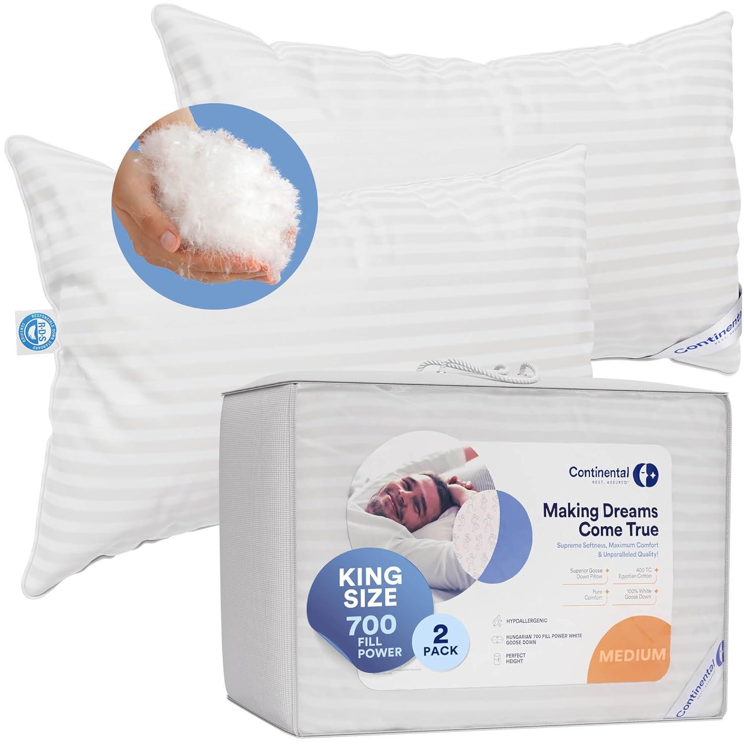 Continental Bedding Hungarian Goose Down Pillows Set King Size 100% Down Pillow, 2 Pack