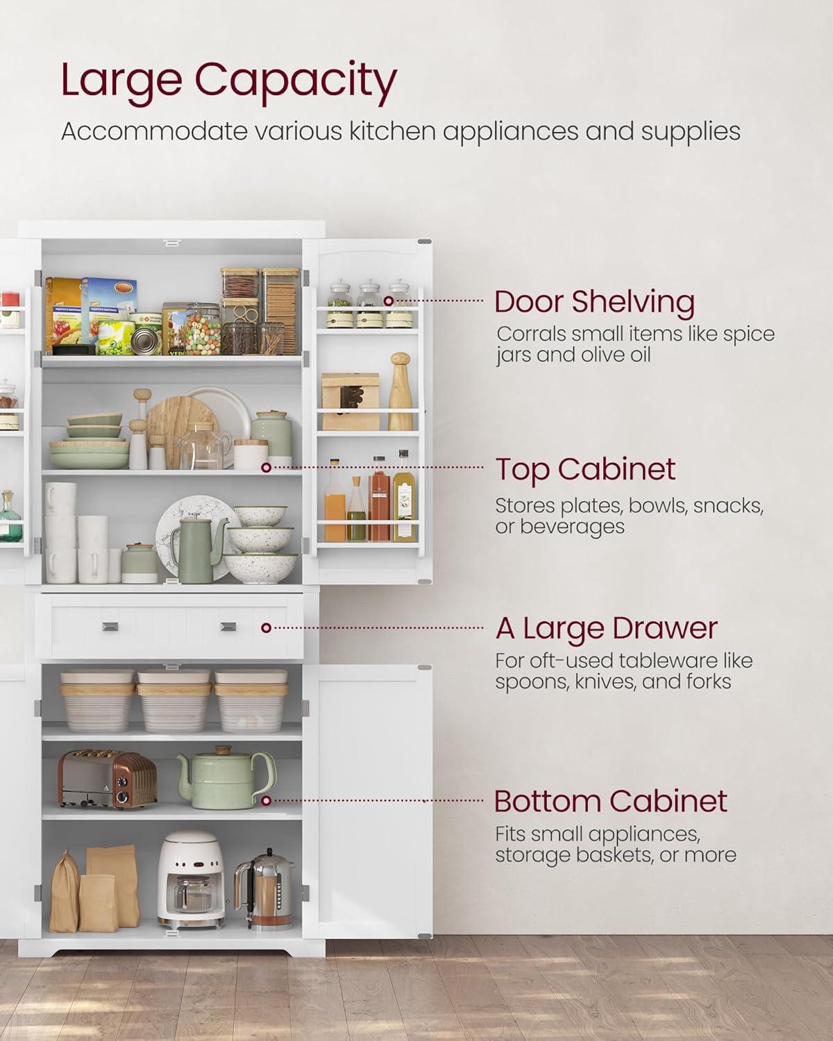 VASAGLE 71.9 Inch Kitchen Pantry Storage Cabinet  Tall Freestanding Cupboard with 1 Large Drawer 6 Hanging Shelves for Dining Room Laundry White