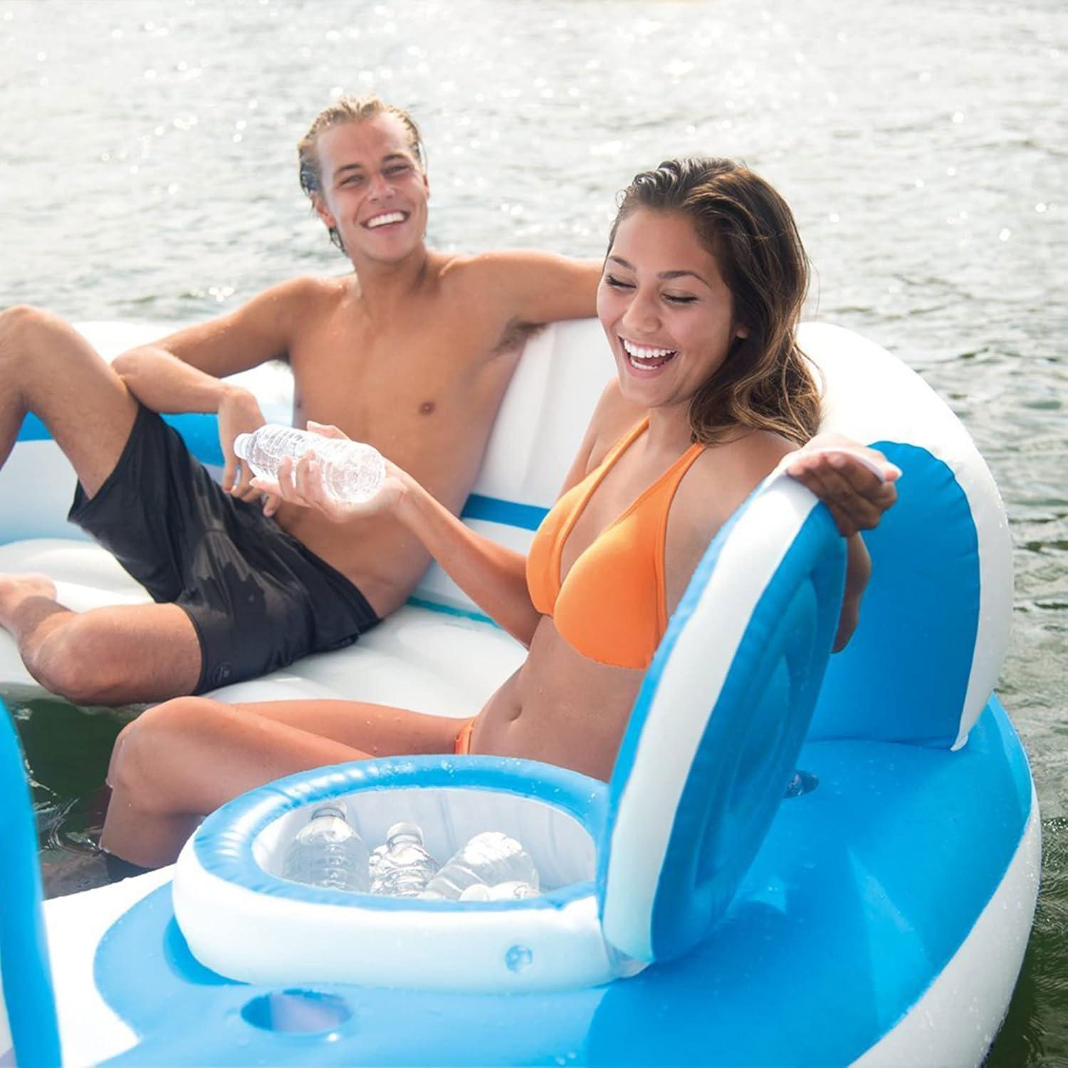 Blue and White 7-Person Inflatable Floating Island with Backrest