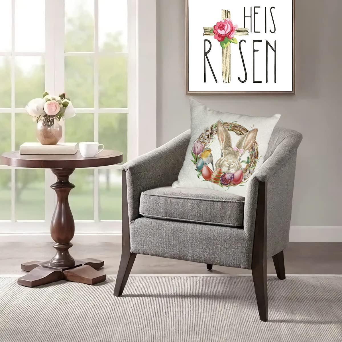 Easter Bunny and Floral Cotton Linen Pillow Covers Set