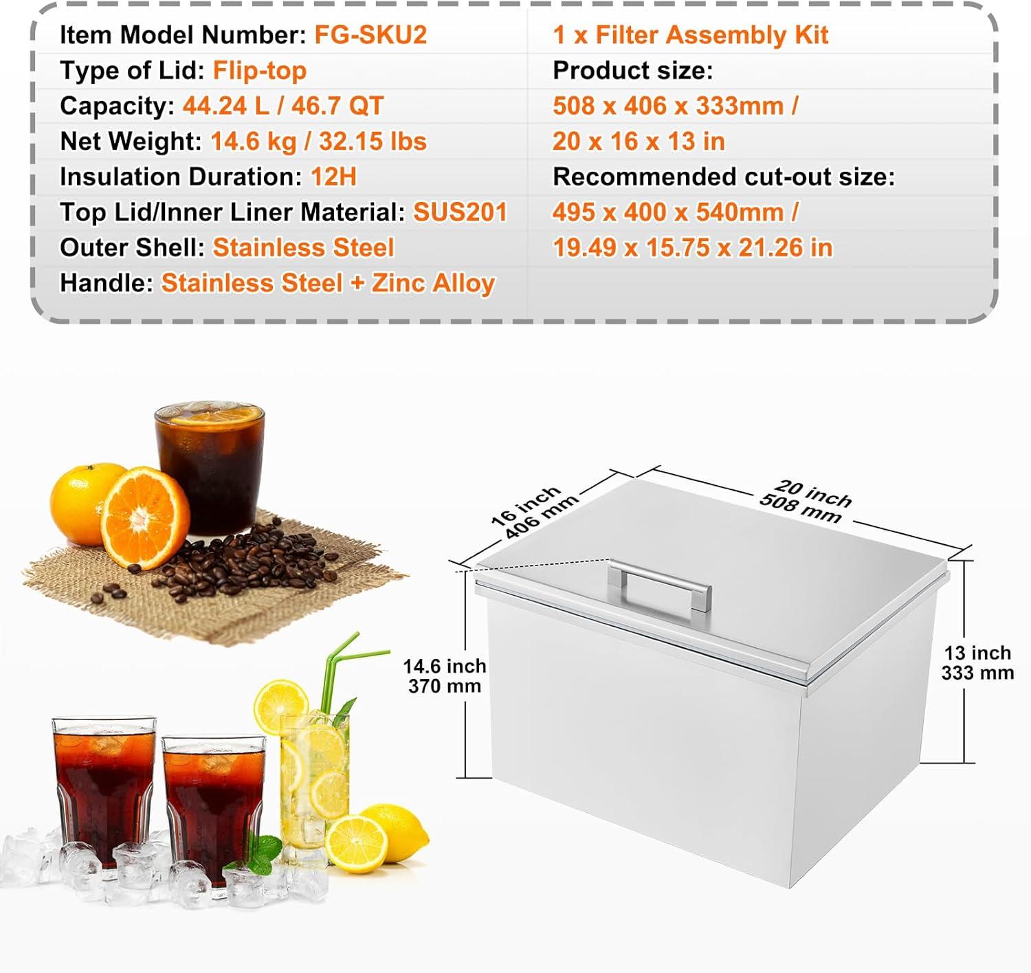 VEVOR 40Quart Drop in Ice Chest Ice Cooler Ice Bin Stainless Steel 20"x16"x14.6"