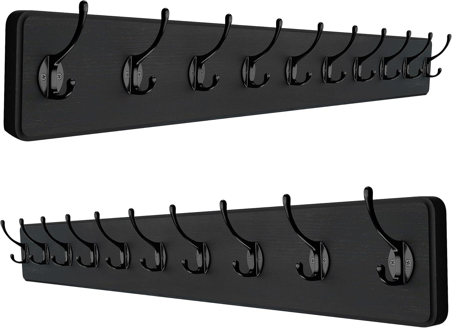 Rustic Coat Rack Wall Mount – 38.6 Inch Long Wall Mounted Coat Rack with 10 Hooks – Solid Pine Wood, Distressed Finish – Entryway Wall Hook Rack for Coats, Hats, Bags, Keys, Jackets - 2 Pack