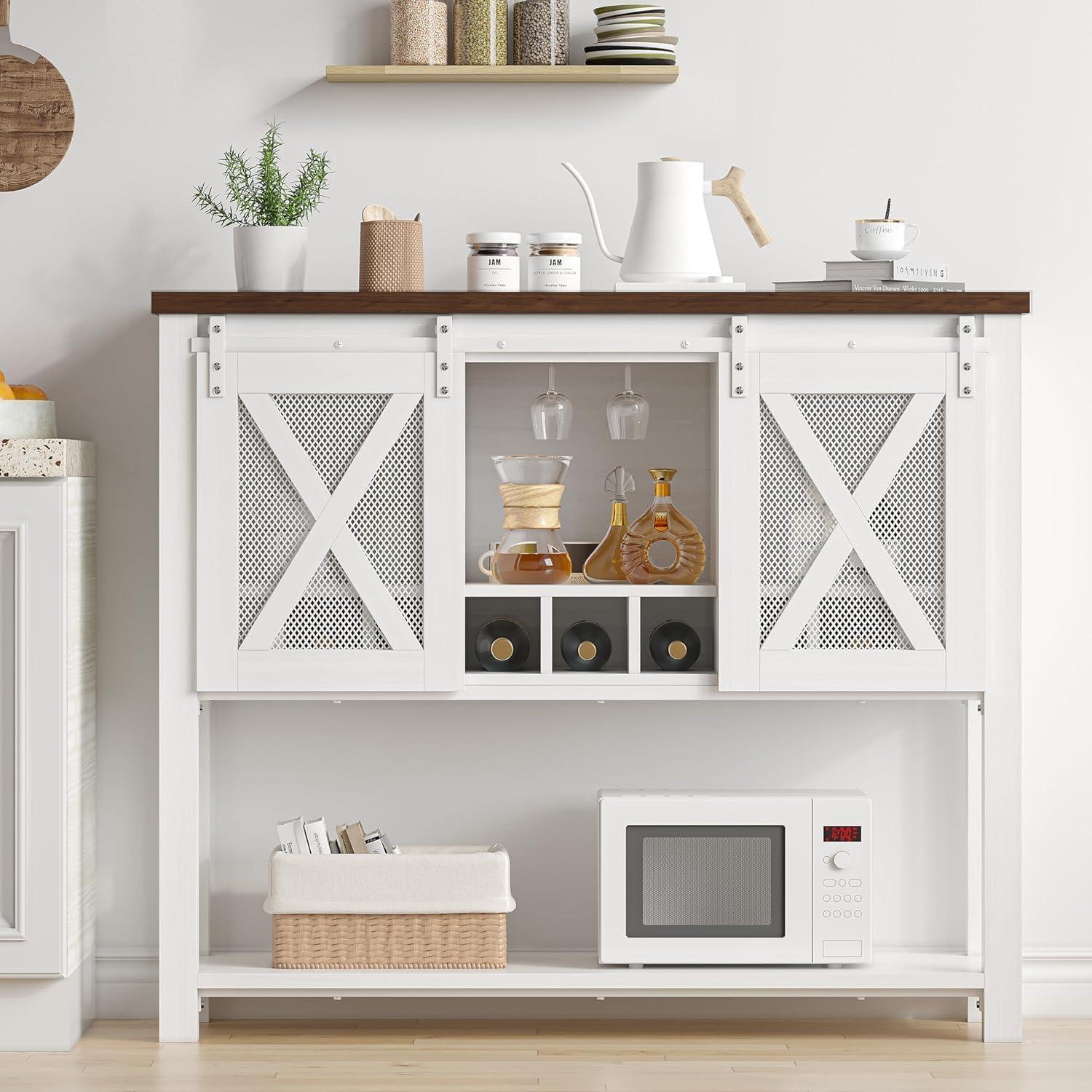GAOMON Farmhouse Coffee Bar Cabinet with Sliding Barn Doors, Wine Rack, Stemware Holder, and Storage Shelves, Rustic Kitchen Buffet for Living Room or Hallway